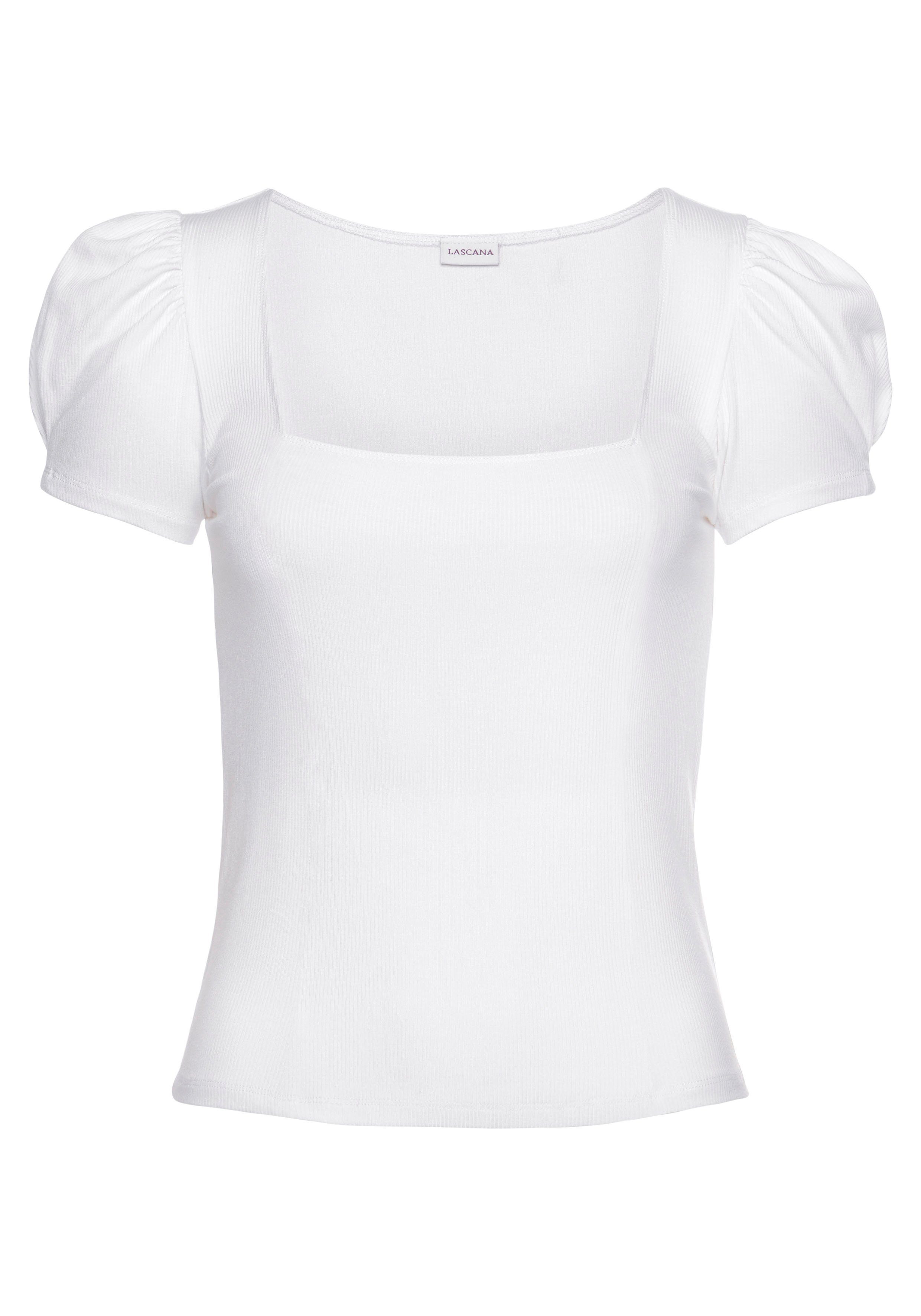 LASCANA Kurzarmshirt aus gerippter Ware mit schmaler Passform T-Shirt mit leichten Puffärmeln, Rippshirt, Carré-Shirt, casual – Bild 2 von 5