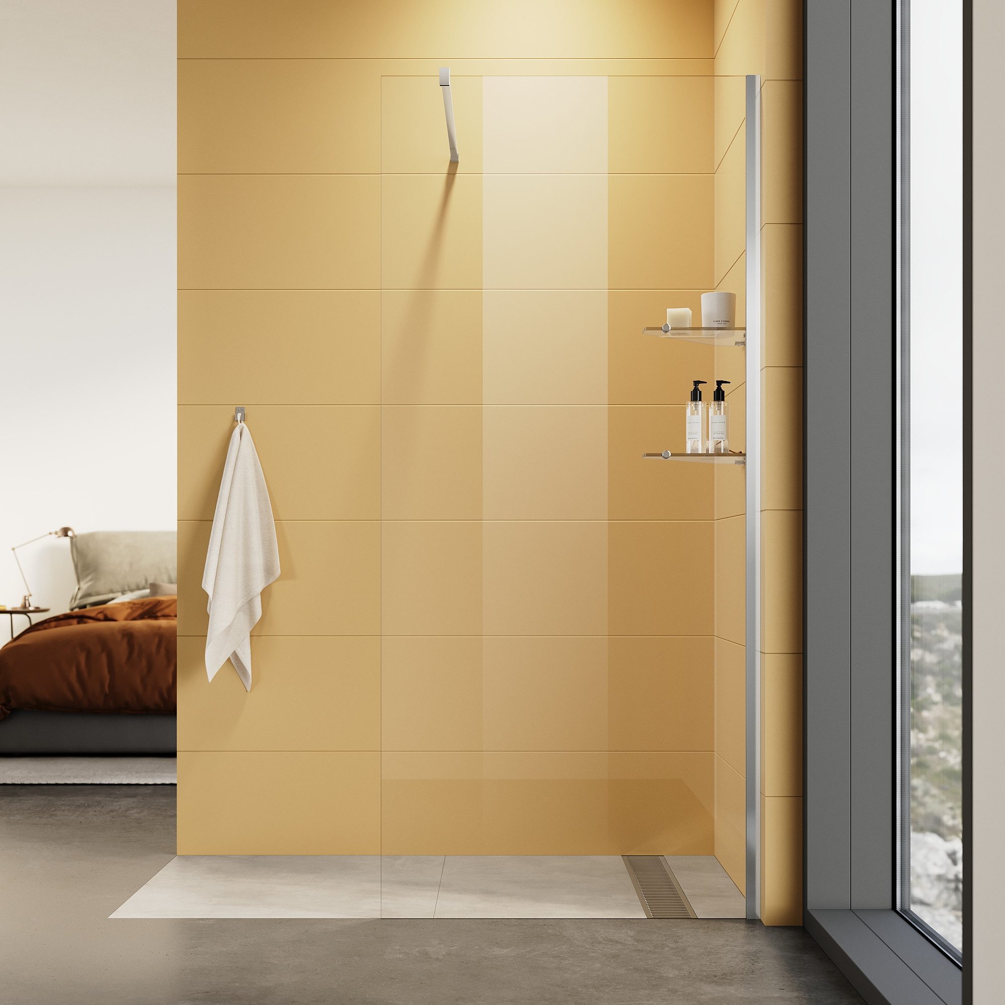 SONNI Walk-in-Dusche Duschwand aus 8 mm Glas mit integriertem Glasregal – Höhe 2000 mm, mit 2 Glasablagen