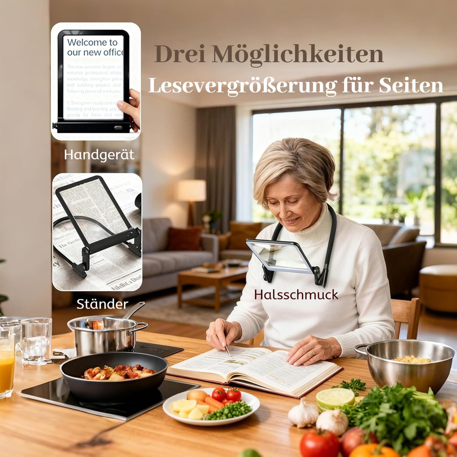 QUBEBU Umhängelupe 5X LED Leselupe 3in1 Lupe Hängenden Hals Standlupe Tischlupe Handlupe, Wiederaufladbar Hands Free Lupe mit 3Beleuchtungsmodi für Bücher Nähen, 1-tlg., Tragbar HD Lupe für das Lesen von kleinen Drucke & Low Vision Senioren