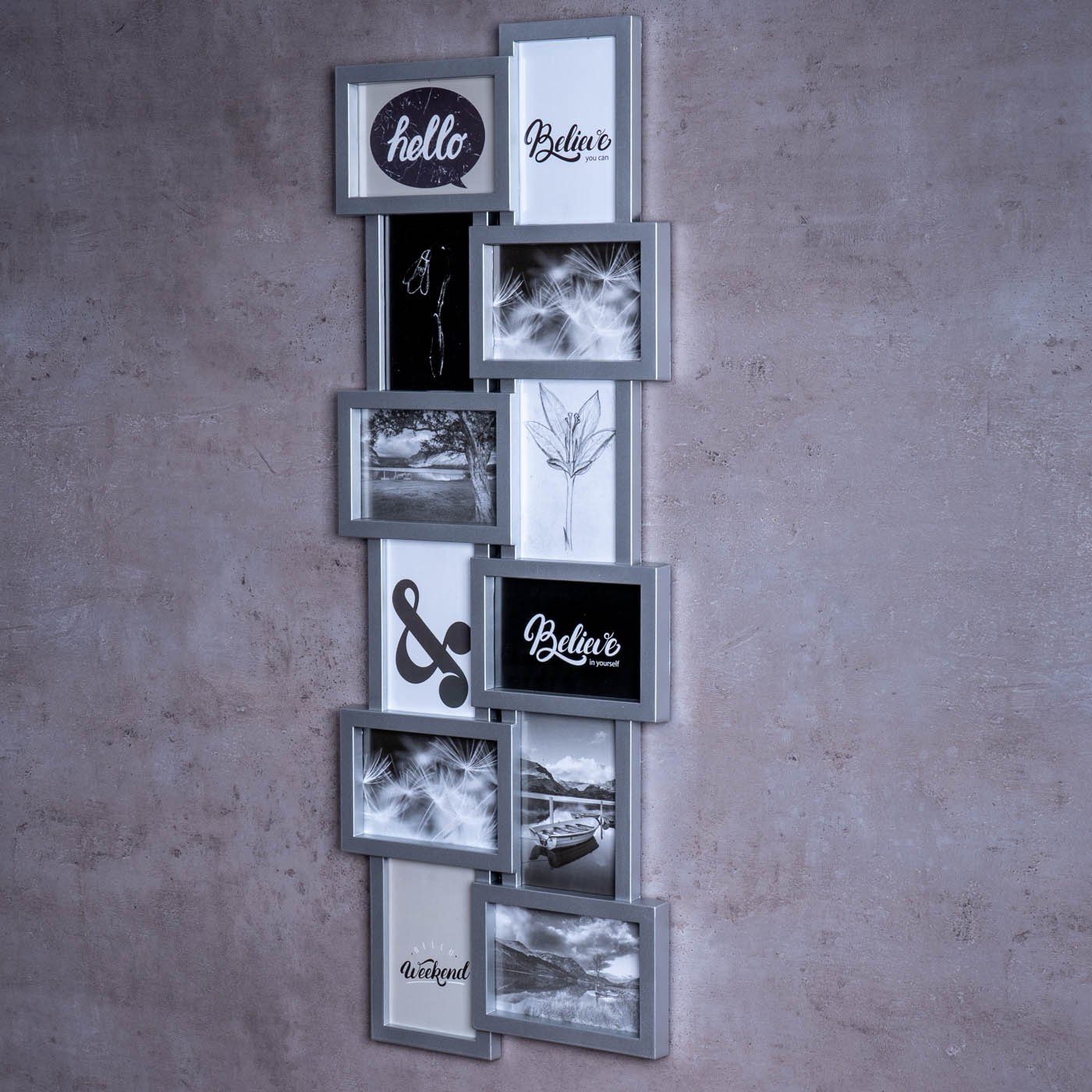 Levandeo® Bilderrahmen Collage, Bilderrahmen silber für 12 Fotos 3D Optik Galerie Fotogalerie