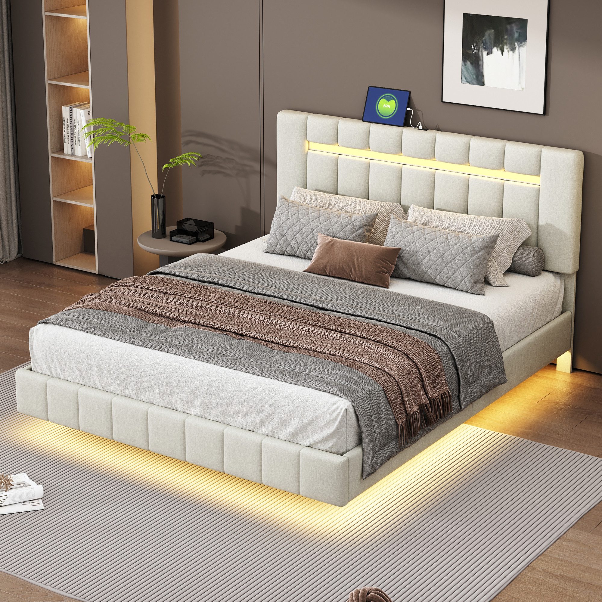 Polsterbett Doppelbett, Bett Schwebebettrahmen mit LED-Leuchten und Kopfteildesign