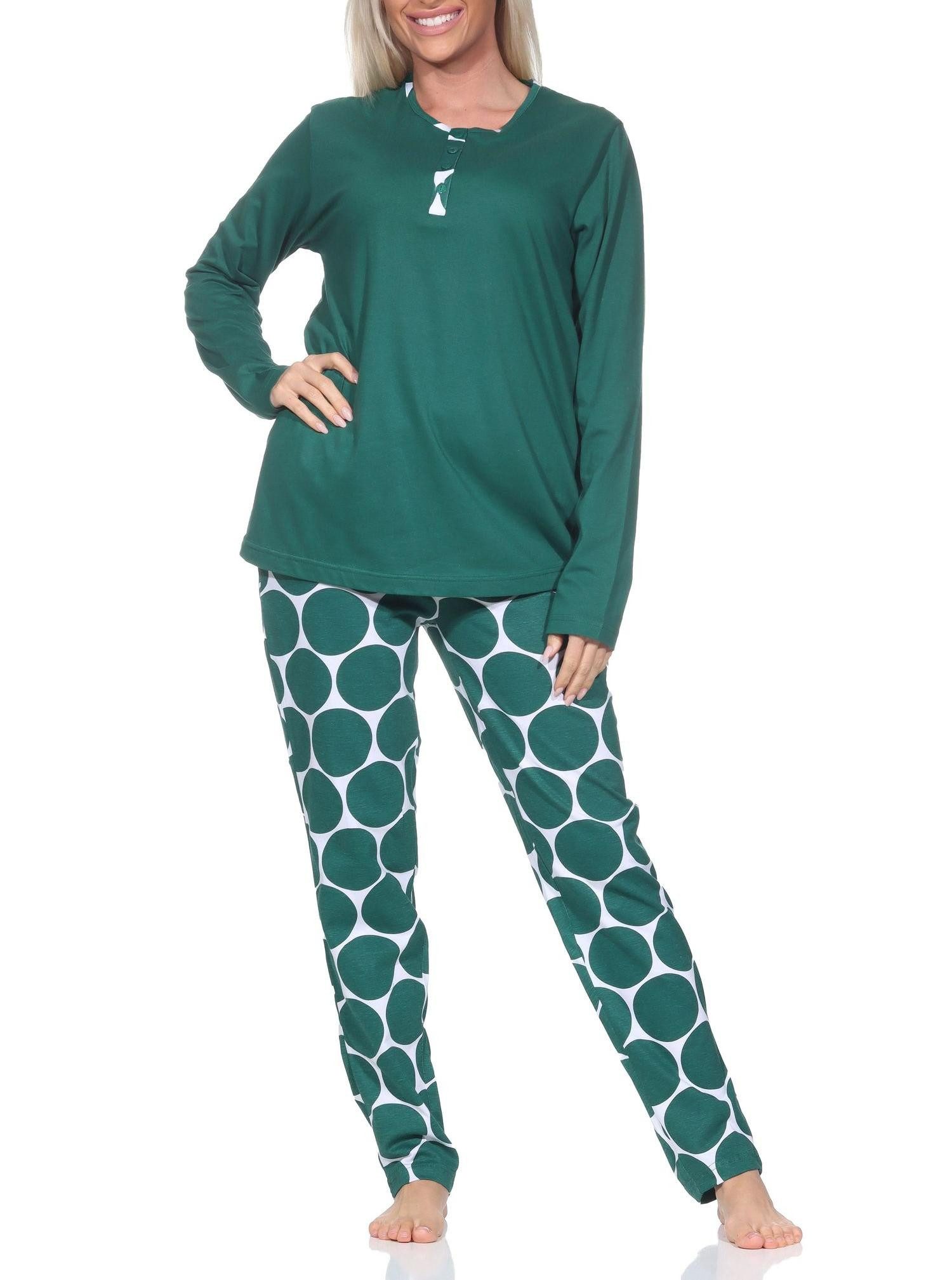 Normann Pyjama Normann Damen Schlafanzug langarm mit Hose in Tupfen Punkte Optik