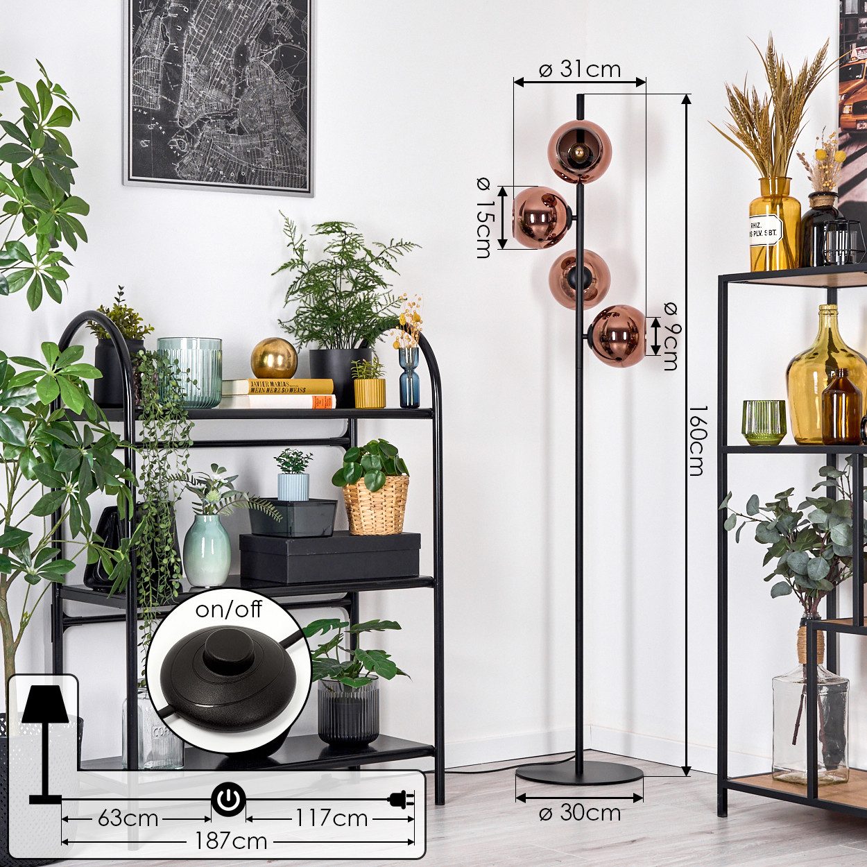 hofstein Stehlampe Stehlampe aus Metall/Glas in Schwarz/Kupfer, Retro/Vintage-Design, ohne Leuchtmittel, moderne Stehleuchte, Ø Schirme 15 cm, Fußschalter, 160 cm, E14