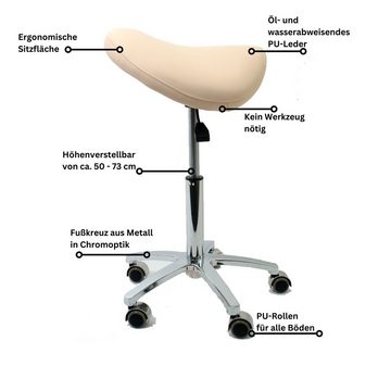 Duke-Handel Drehhocker Sattelhocker, Arbeitshocker, Bürohocker mit Metallfuß (1 St., Rollhocker mit oder ohne Fußring), stufenlosen Höhenverstellung von 50 bis 73cm, Belastbarkeit ca. 230 kg