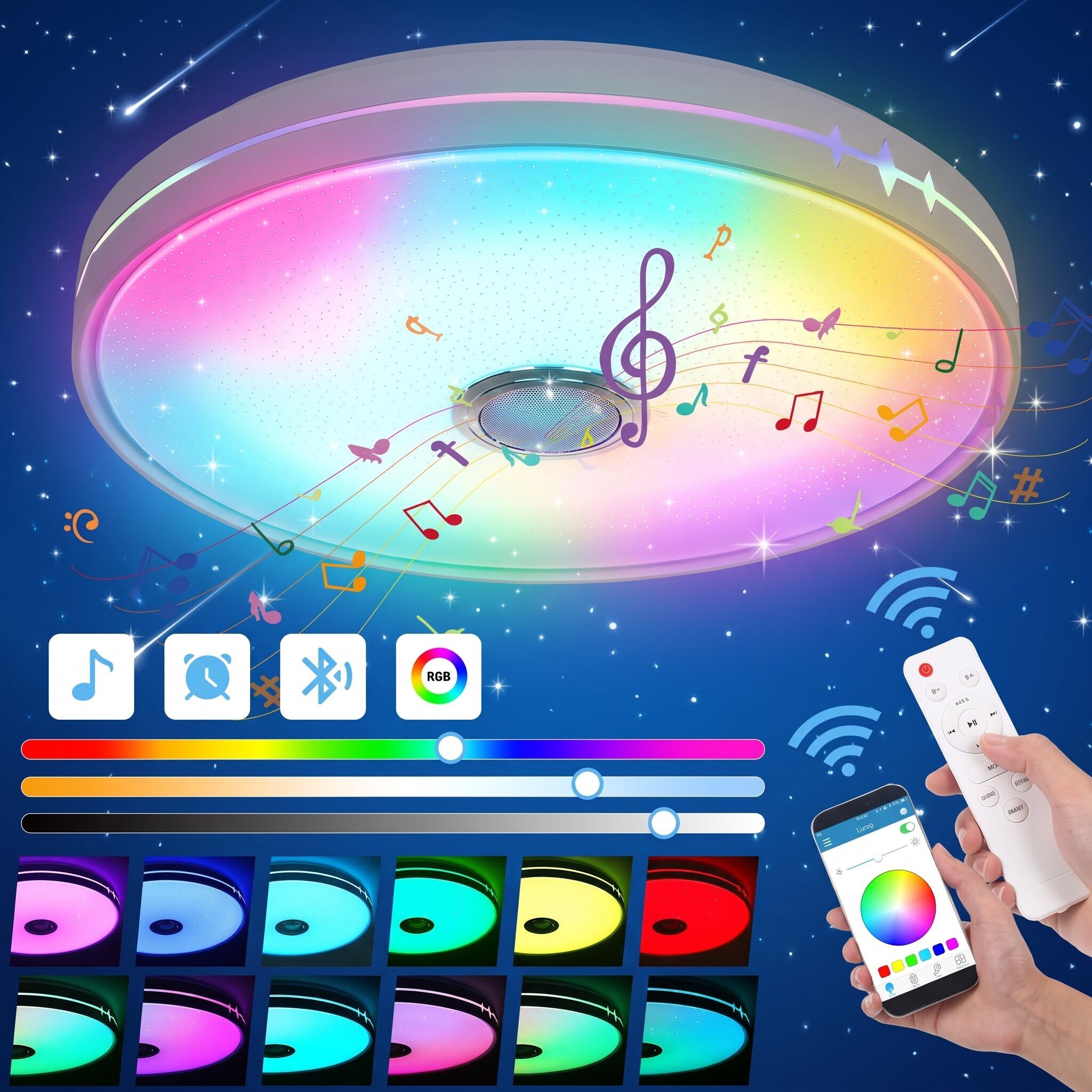 oyajia Deckenleuchte 55W Smart LED Deckenleuchte RGB Dimmbar mit Bluetooth Lautsprecher, LED fest integriert, Kaltweiß+Naturweiß+Warmweiß+RGB, RGB Deckenleuchte mit Fernbedienung und APP-Steuerung für Schlafzimmer