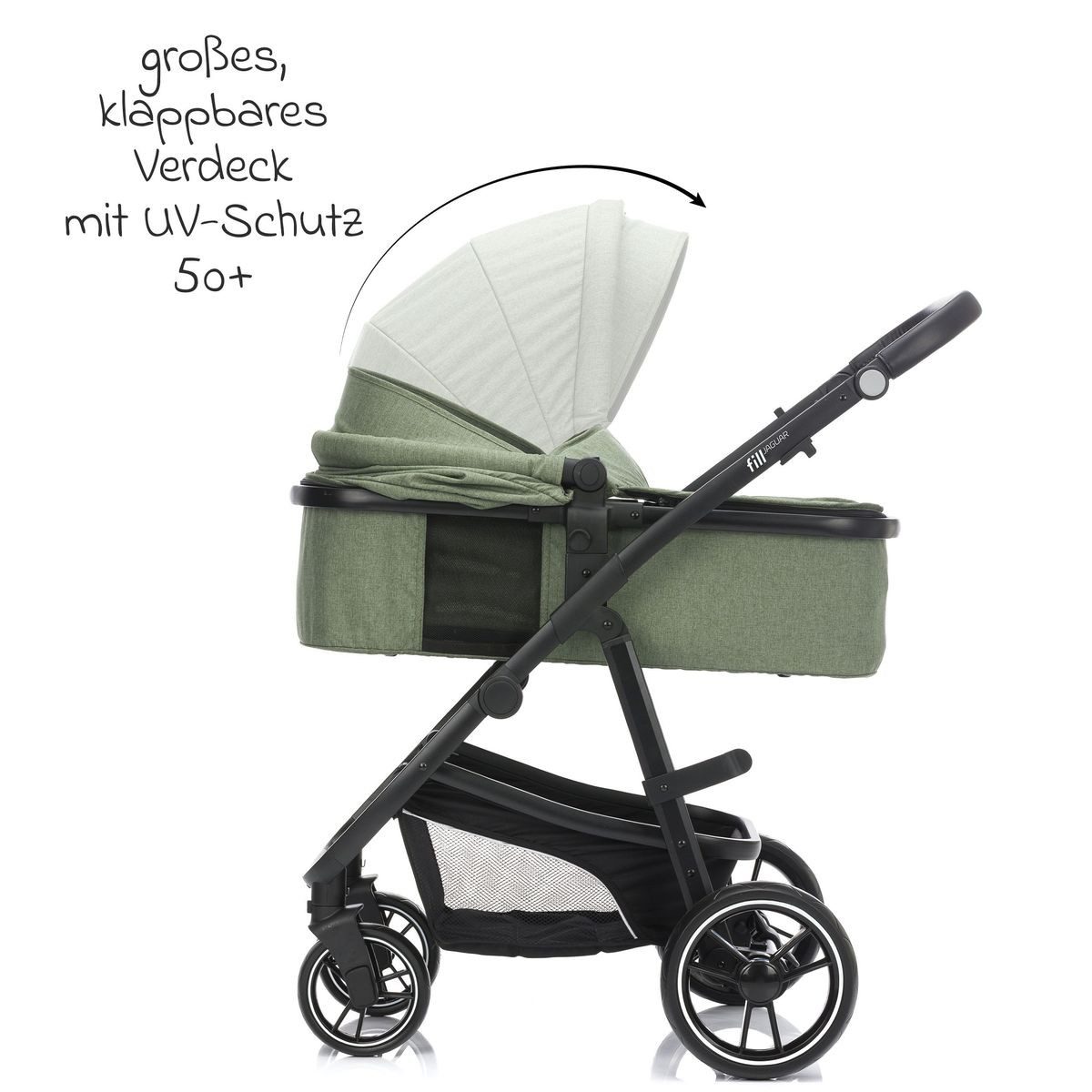 Fillikid Kombi-Kinderwagen Fill Jaguar - Grün Melange, 3in1 Kinderwagen mit Babyschale, Babywanne, Sportsitz & Wickeltasche
