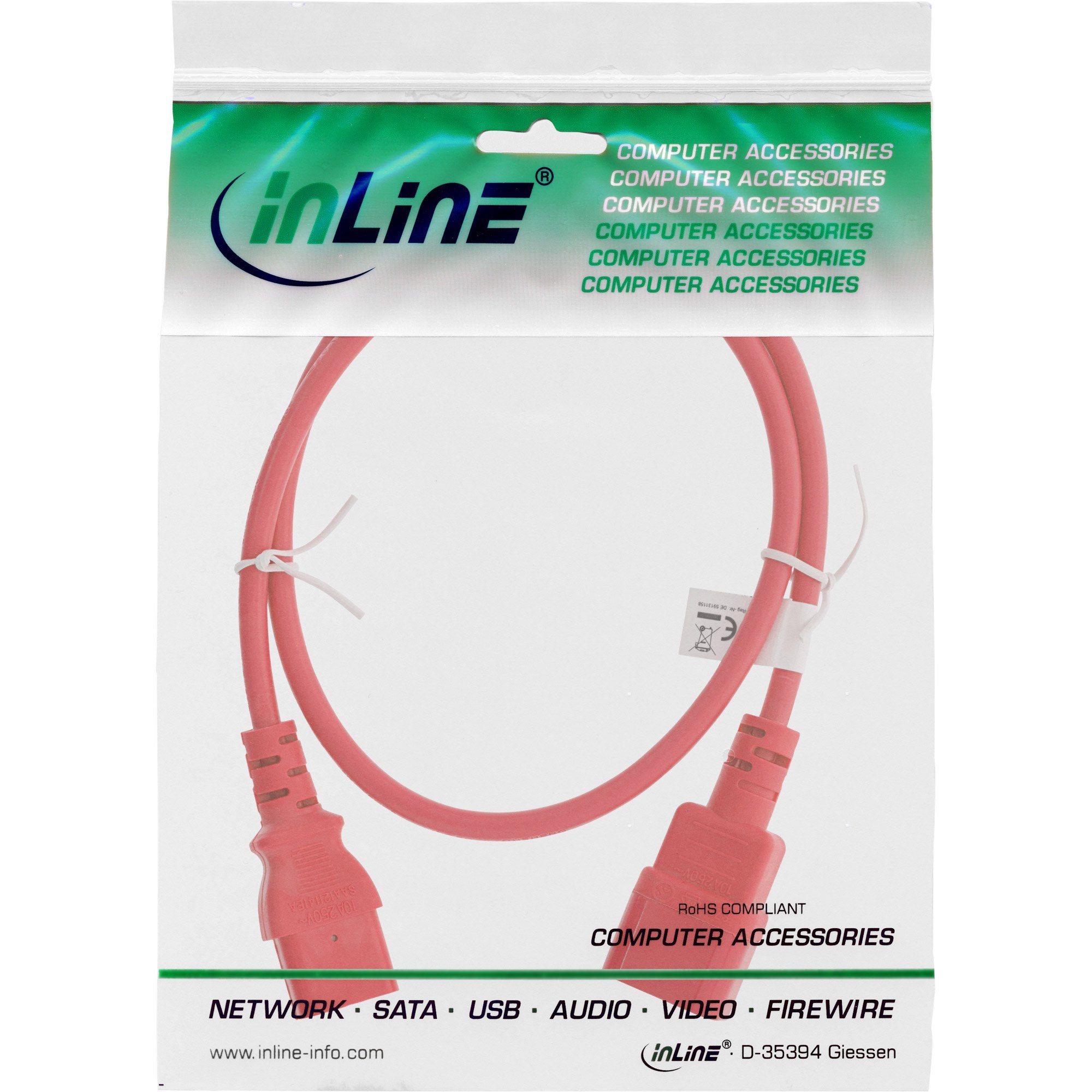 Stromkabel rot, C14, InLine® auf AG 2m Kaltgeräteverlängerung, INTOS C13 ELECTRONIC