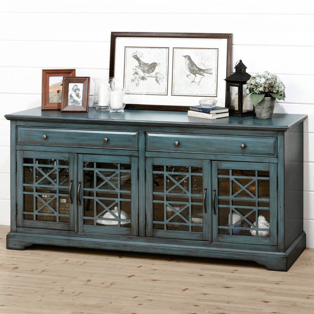 178 cm Türen Sideboard Kommode Lomadox Vintage ALLORA-143, 2 Schubkästen antik 4 blau Lack Akazie