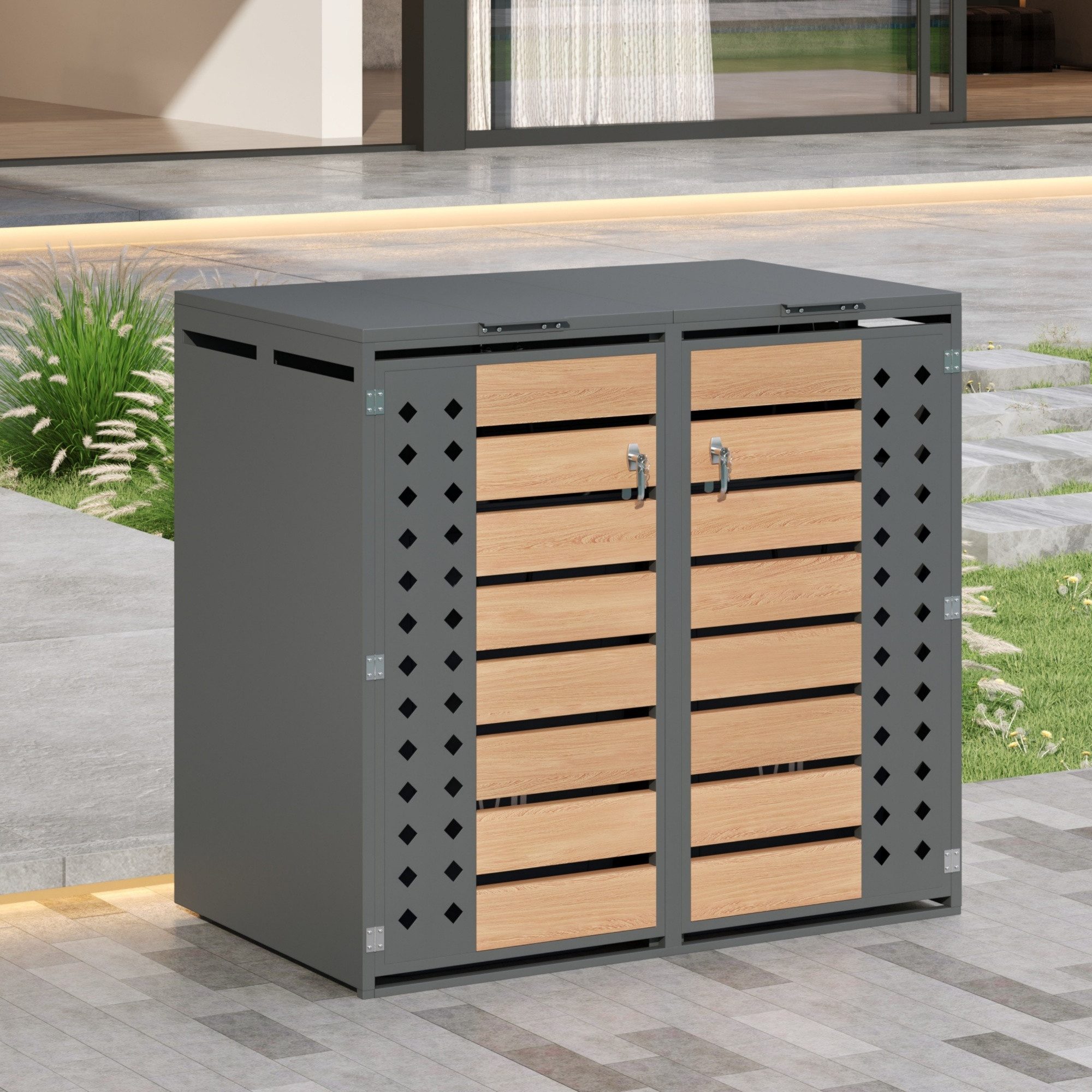 Flieks Mülltonnenbox (1 St), Mülltonnenschrank Abschließbar für 2 Tonnen 120–240L mit Klappdeckel