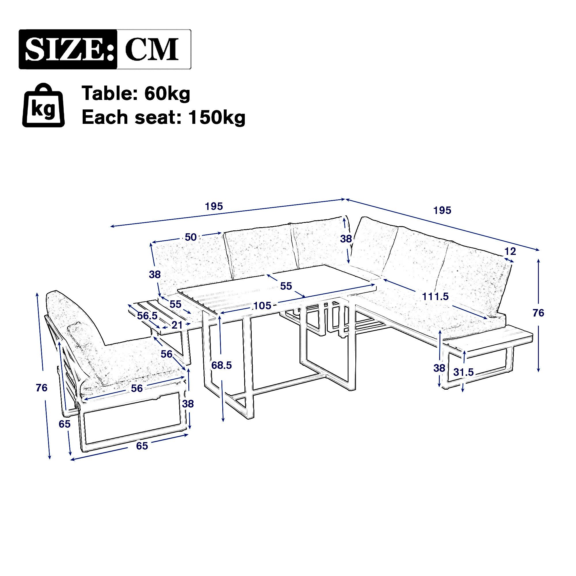 KLAM HOME Gartenlounge-Set Garten-Essgruppe Eck-Set mit 5‑stufiger Neigefunktion bis 55°, (Verzinktes Stahlrohr & Kunststoff-Holz Tischplatte, grau+schwarz), Wetterfestes Lounge‑Set für Garten & Terrasse