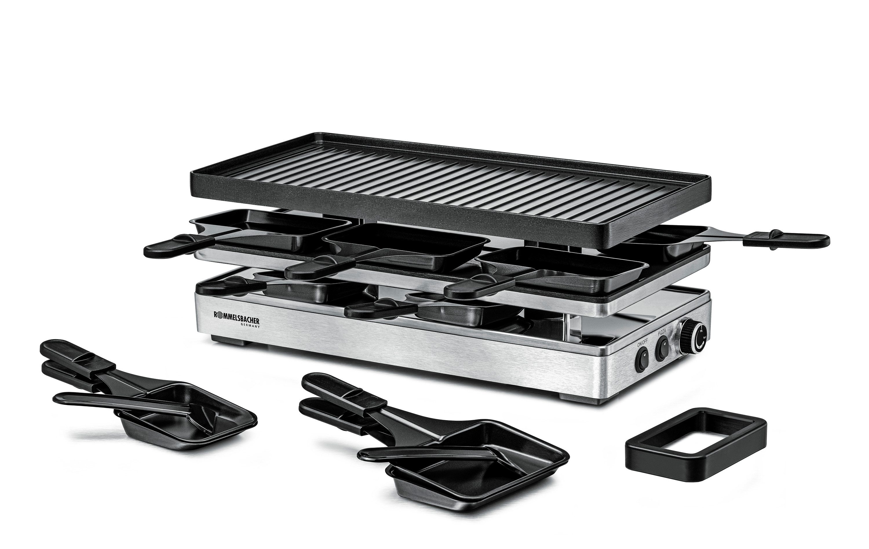 Rommelsbacher Raclette RCP 1800, 14 Raclettepfännchen, 1800 W, Pizza-Ebene mit zusätzlicher Heizung für knusprigen Teigboden