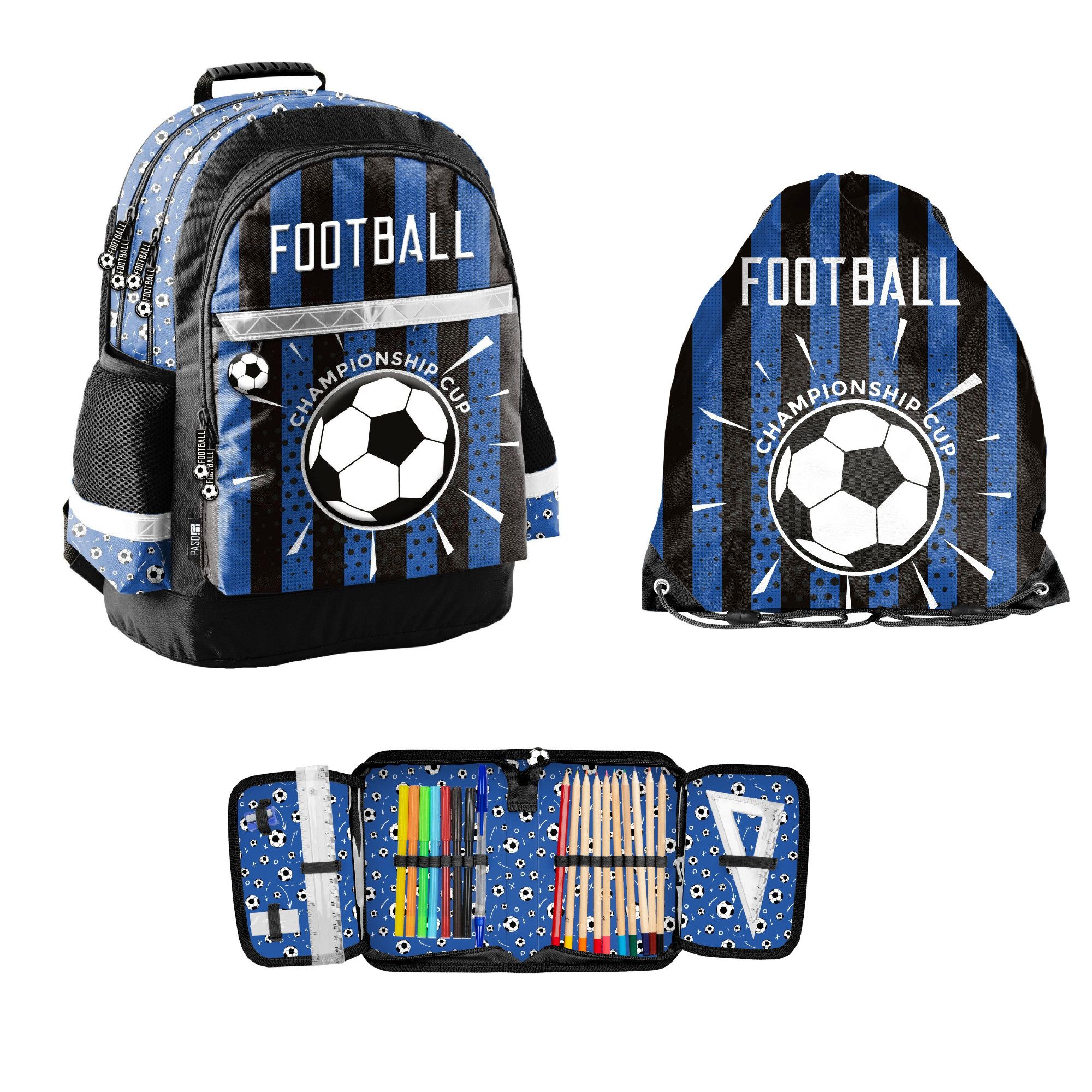 PASO Ранці (Set, 3-Tlg), Rucksack mit 3D Prägedruck & Turnbeutel & Federmappe - Fußball blau
