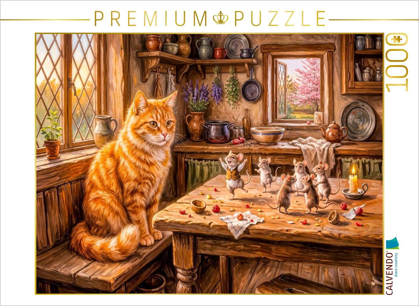 CALVENDO Puzzle CALVENDO Puzzle Katze beobachtet tanzende Mäuse auf dem Tisch in fröhl, 1000 Puzzleteile