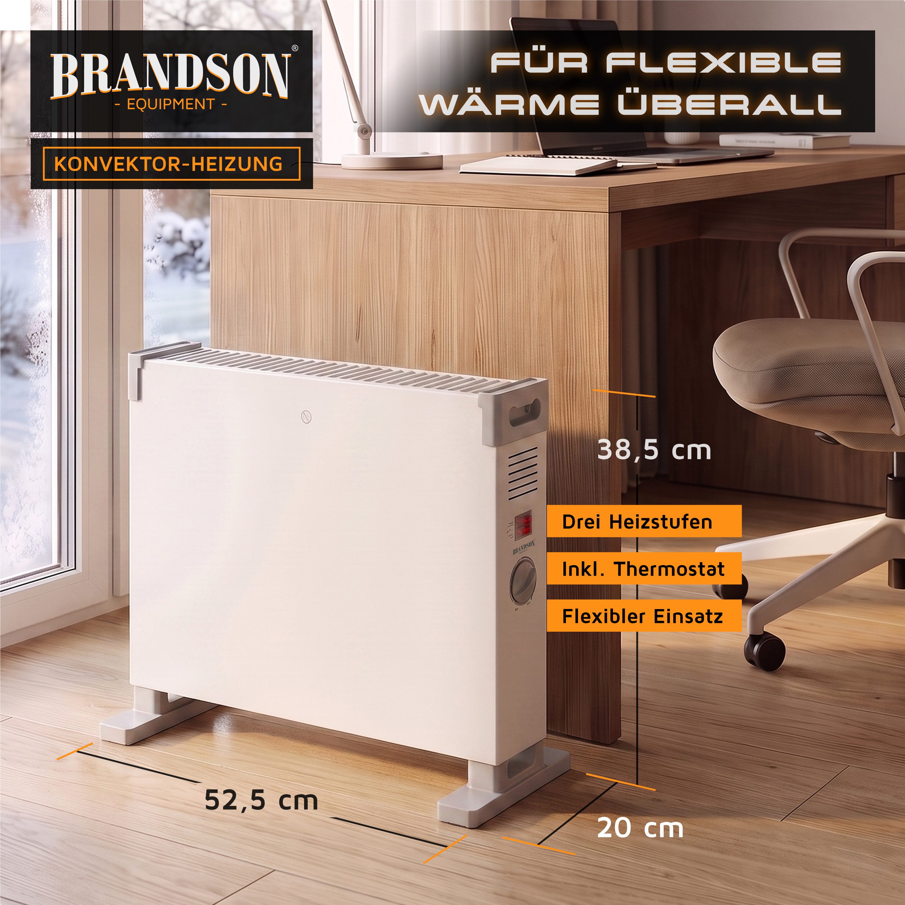 Brandson Elektro-Heizkörper Konvektor-Heizung 2000 W, 3 Heizstufen, Thermostat, Elektroheizung, Überhitzungsschutz, Kontrollleuchten, freistehend, Standgerät