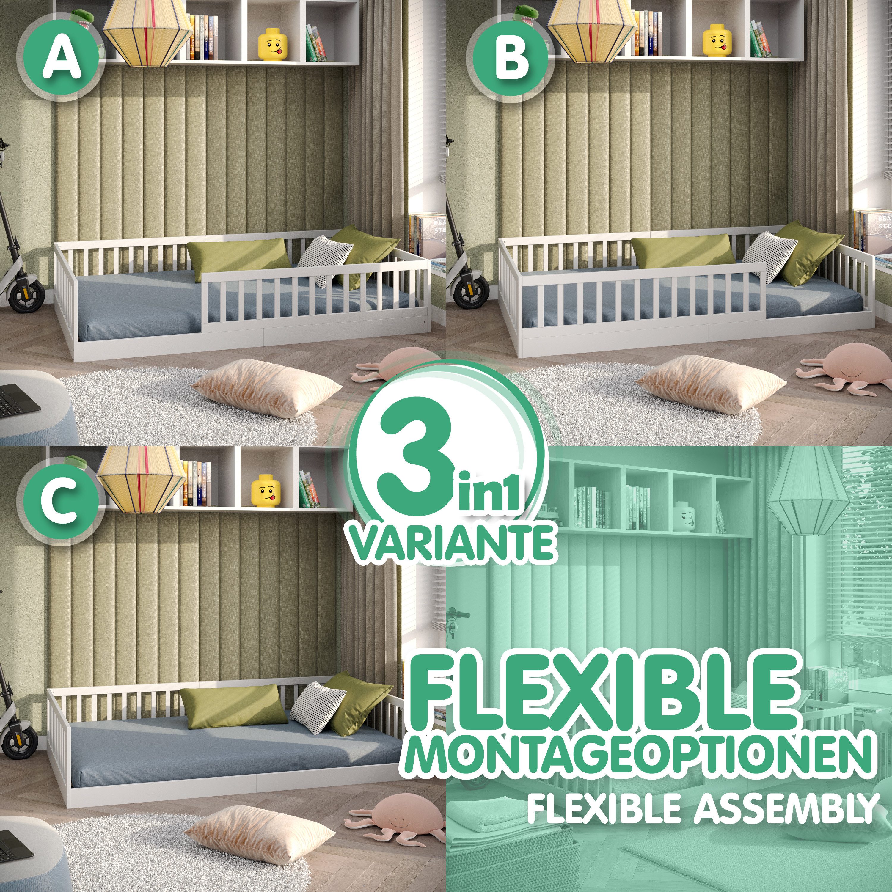 CADANI Kinderbett Timi Bodenbett bis 200 kg belastbar mit abnehmbarem Rausfallschutz (120x200 cm, Montessori Kinder- & Jugendbett aus Kiefer Massivholz), inkl. stabilem Roll-Lattenrost, Weiß