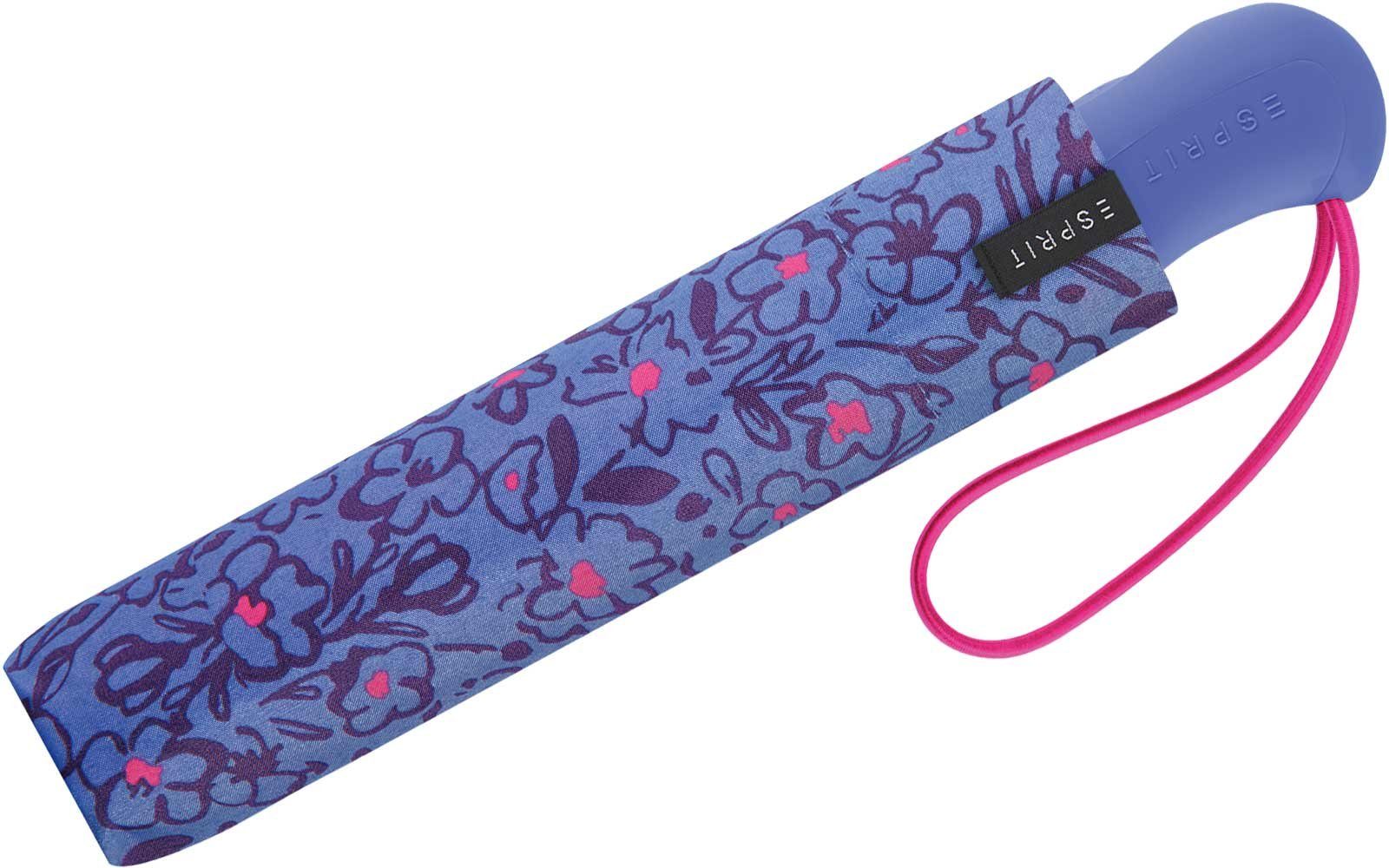 Esprit Taschenregenschirm Easymatic Light Automatik Romance, mit Scribbled Blüten-Muster romantischem Auf-Zu blau