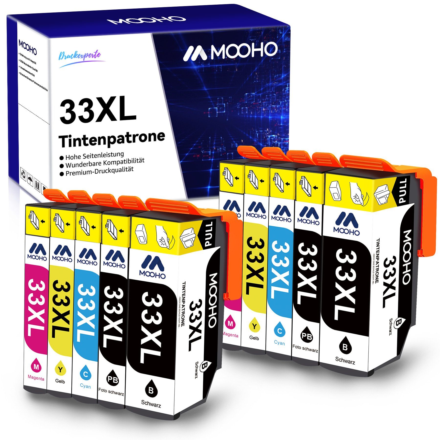 MOOHO 10er-pack Ersatz für Epson 33 XL 33XL Tintenpatrone (Schwarz/Fotoschwarz/Cyan/Magenta/Gelb für Epson Expression Premium XP-540, 0-tlg., XP-530 XP-830 XP-7100 XP-900 XP-640 XP-630 XP-635 XP-645)