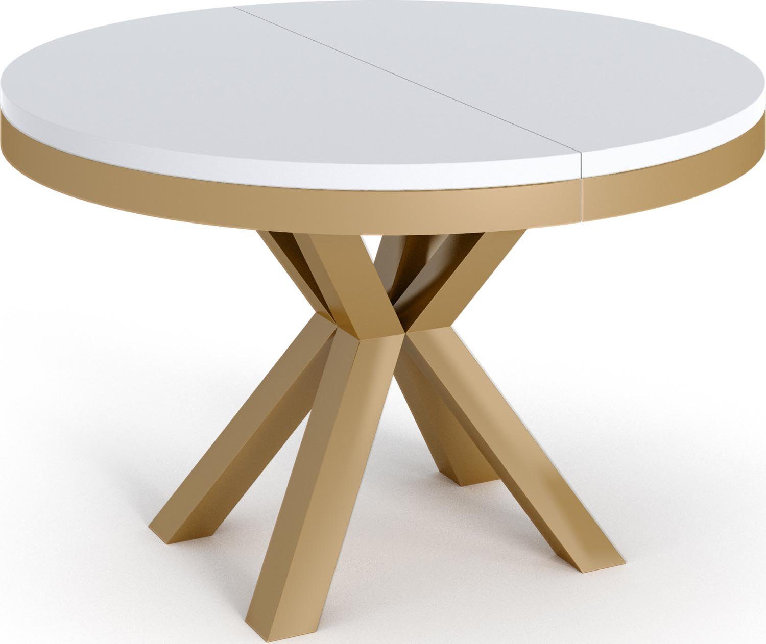 WFL GROUP Esstisch Clara Gold, Ausziehbar Tisch im Loft-Stil mit Metallbeinen Weiß