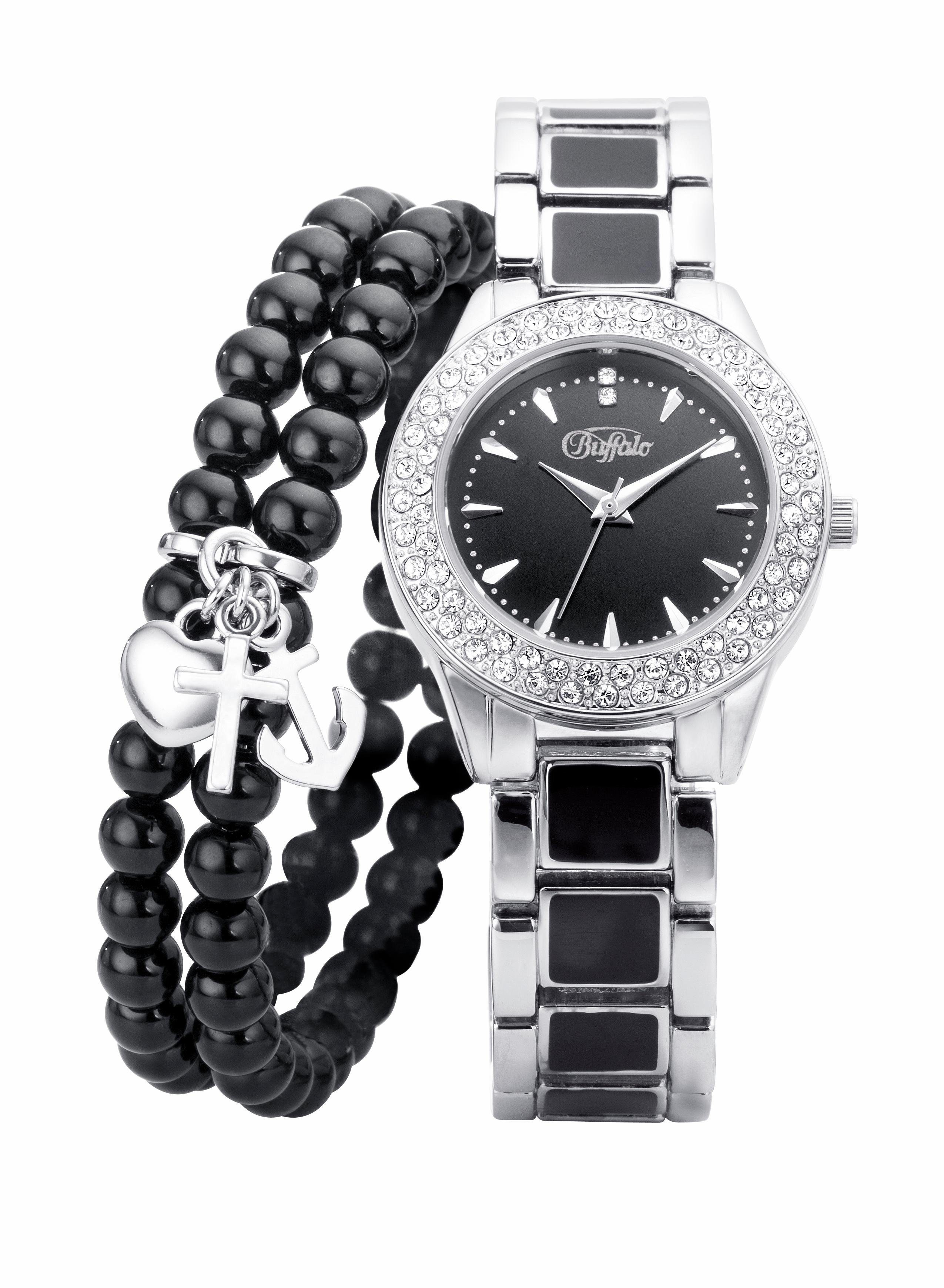 Buffalo Quarzuhr, (Set, 2-tlg., mit 2-reihigem Armband), Armbanduhr, Damenuhr, ideal auch als Geschenk