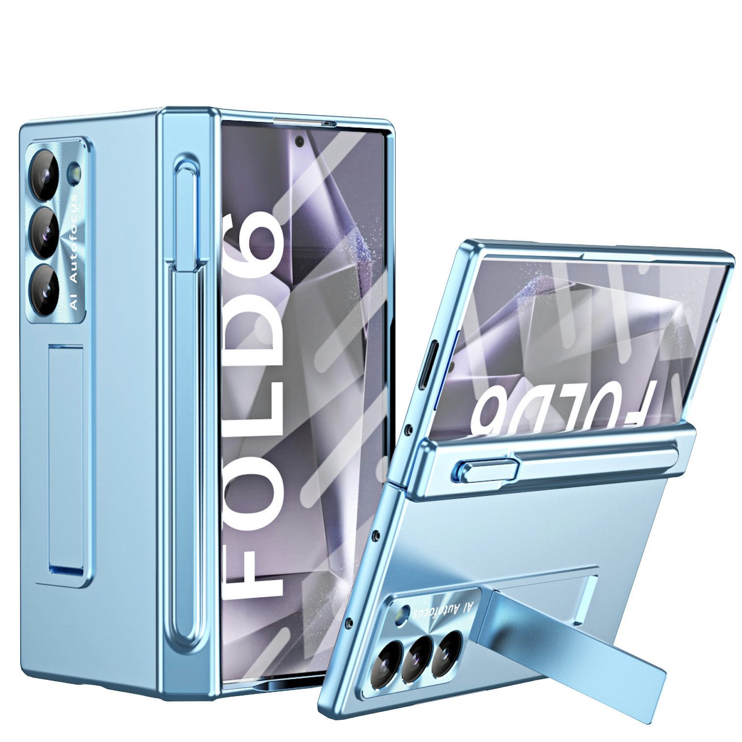 Wigento Handyhülle Für Samsung Galaxy Z Fold6 5G Hülle Stand- Stifthalter u. Stift Blau, Hülle mit Stand- und Stifthalterung inklusive Stift