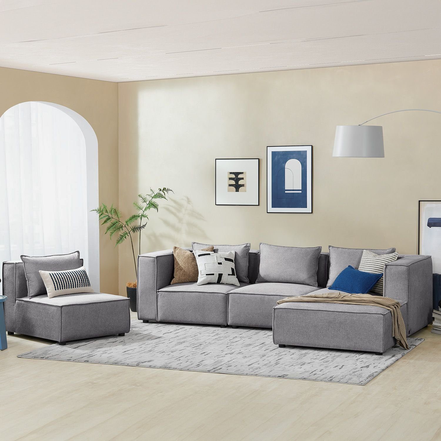 Juskys Ecksofa Domas, 5 Teile, XL, modulare Couch für Wohnzimmer, 4 Sitzer mit mane & Kissen