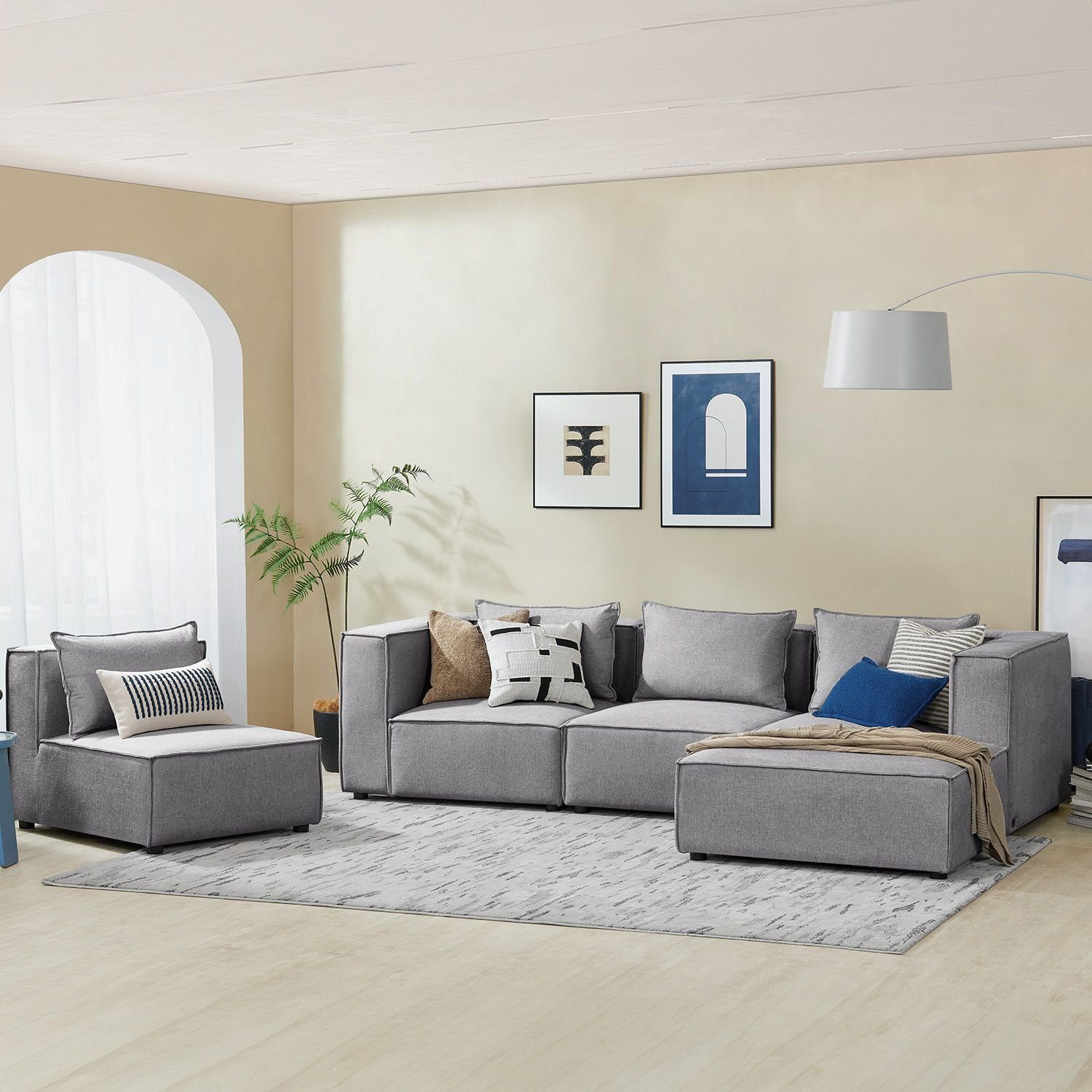 Wohnzimmer, Domas, modulare & Kissen Ecksofa XL, mane Couch 4 Teile, Sitzer für 5 Juskys mit