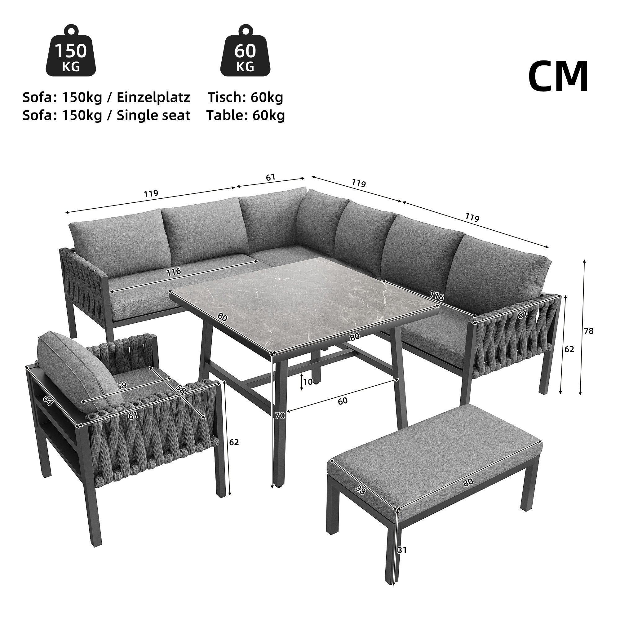 Celya Gartenlounge-Set Gartenmöbelset, Seilgartenmöbelset mit verzinktem Eisengestell, (Tischplatte aus gehärtetem Glas, inklusive aller Sitz- und Rückenkissen, grau), verstellbare Beine, Ecksofa
