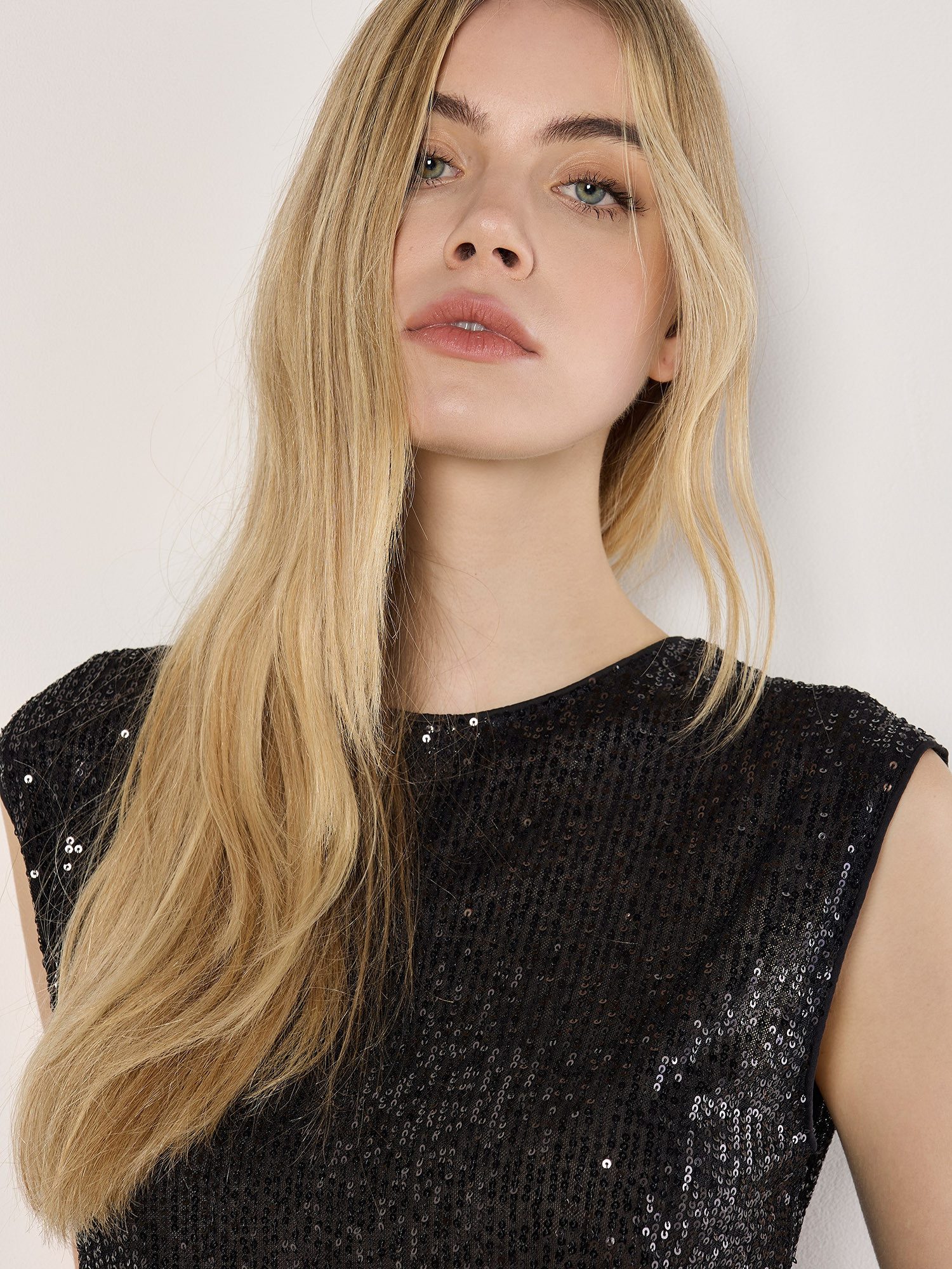 Apricot Paillettenshirt Ärmelloses Pailletten-Top mit Reißverschluss am Rüc günstig online kaufen