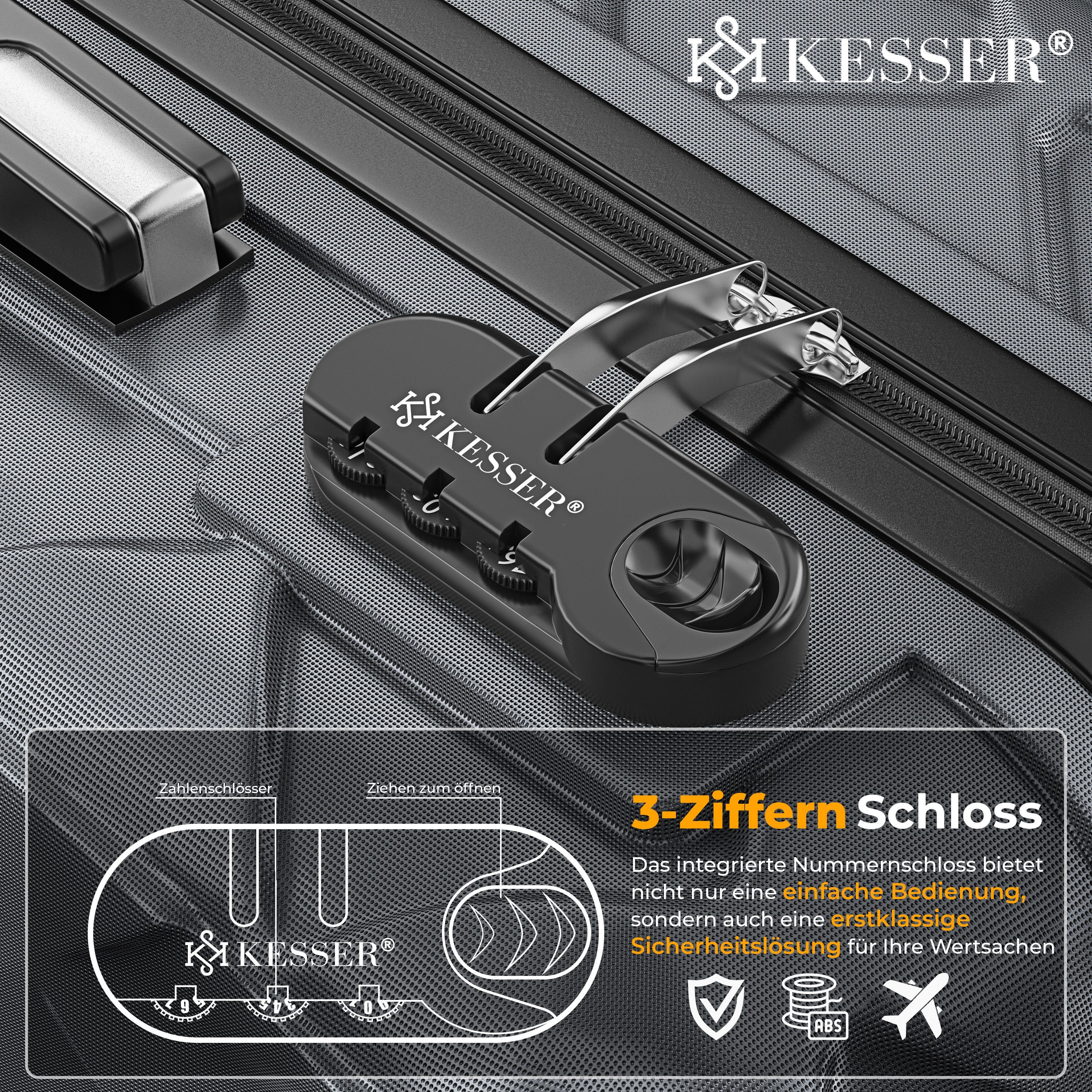 KESSER Hartschalen-Trolley Reisekoffer, 4 Rollen, ABS Hartschalenkoffer mit Zahlenschloss Kofferwaage & Reisebrieftasche