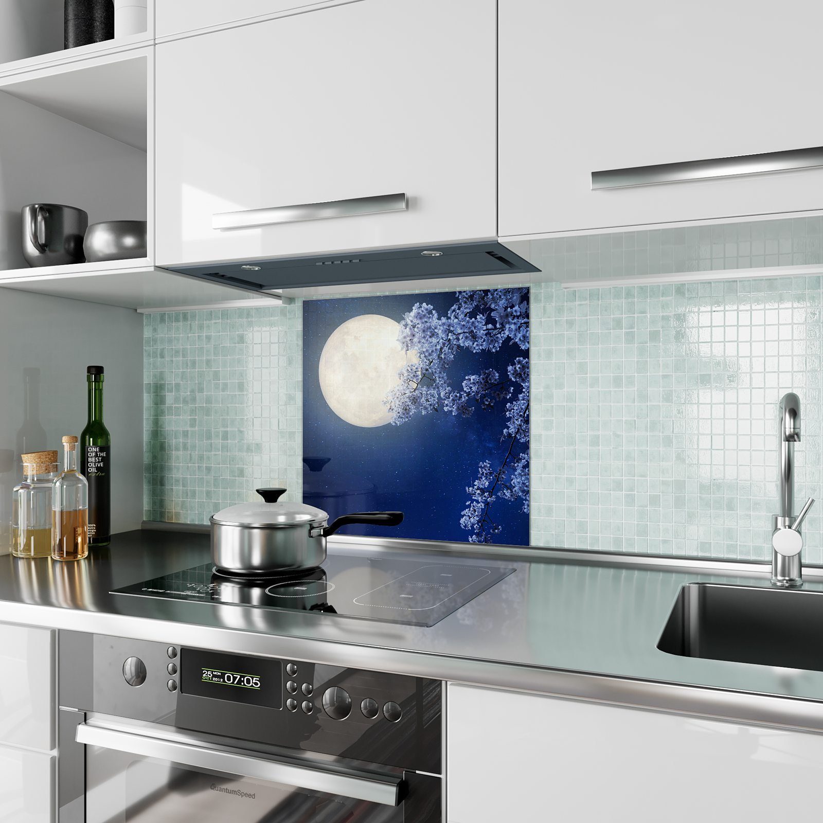 Küchenrückwand Küchenrückwand Mondlicht Spritzschutz Motiv Primedeco Glas mit im Blütenbaum