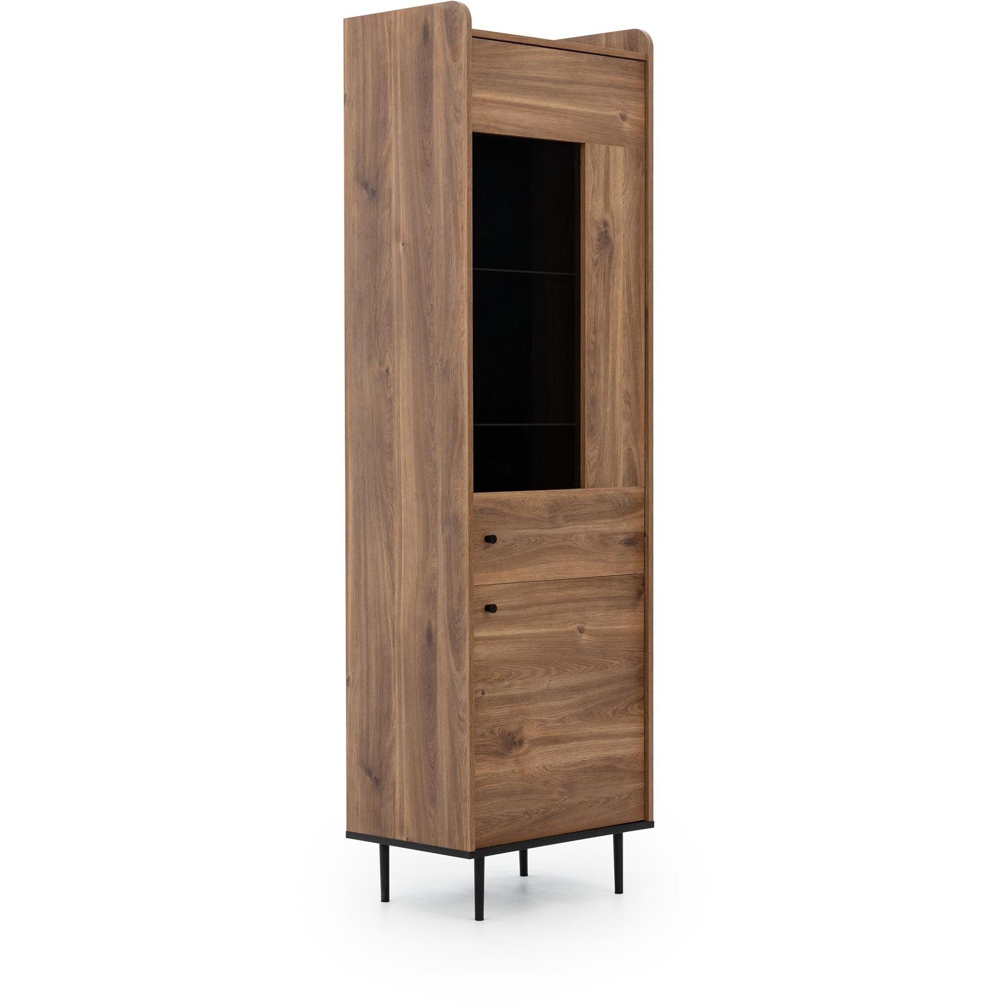Beautysofa Standvitrine Vasilia 60 cm (2 Türen, Schrank im Loft Stil) Holzvitrine mit Glaselemente, universelle Seite