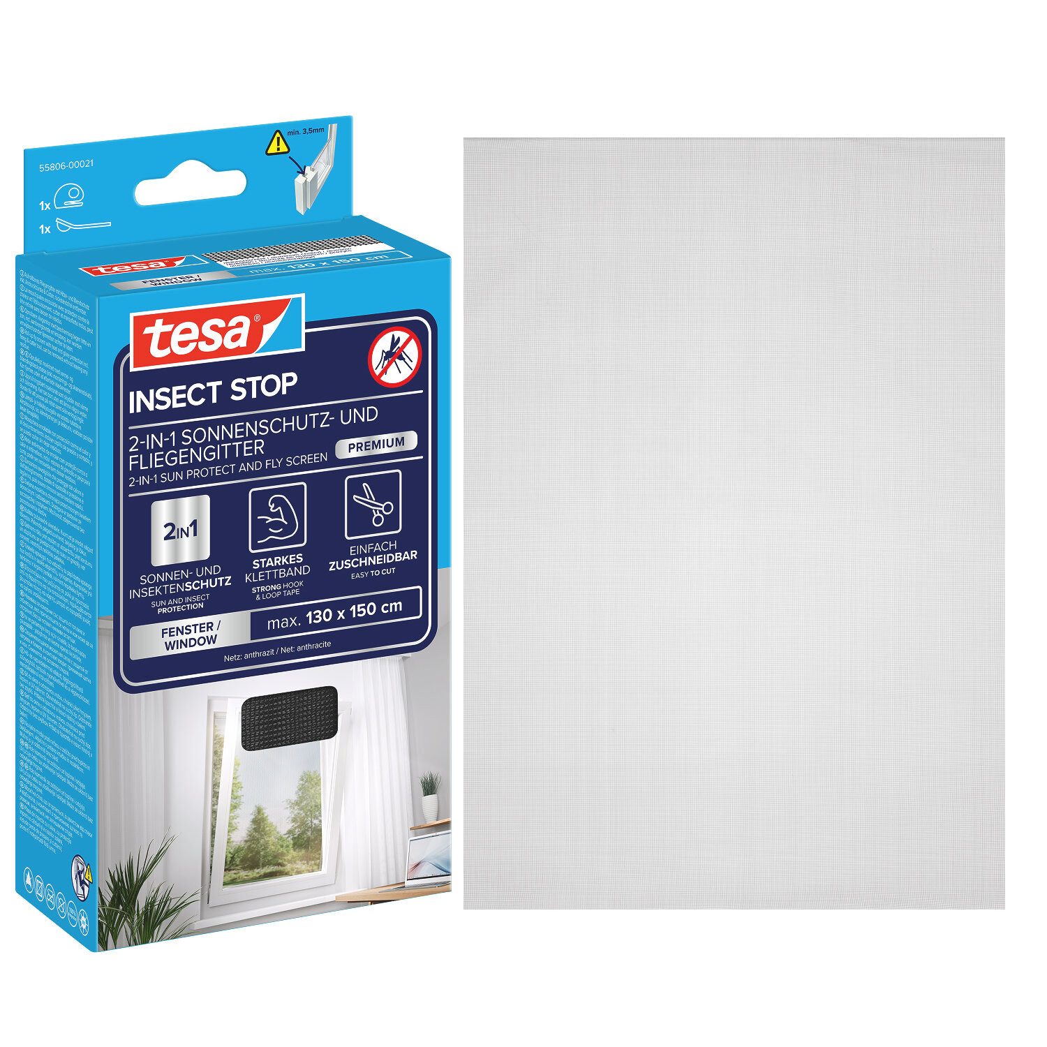 tesa Fliegengitter-Gewebe 2-in-1 Sonnenschutz- und Fliegengitter Premium für Fenster, (Komplett-Set, 1-St., Fliegen Netz ohne Bohren - 130 cm x 150 cm - Anthrazit), Insektenschutz mit integriertem Sonnenschutz, Mückenschutz