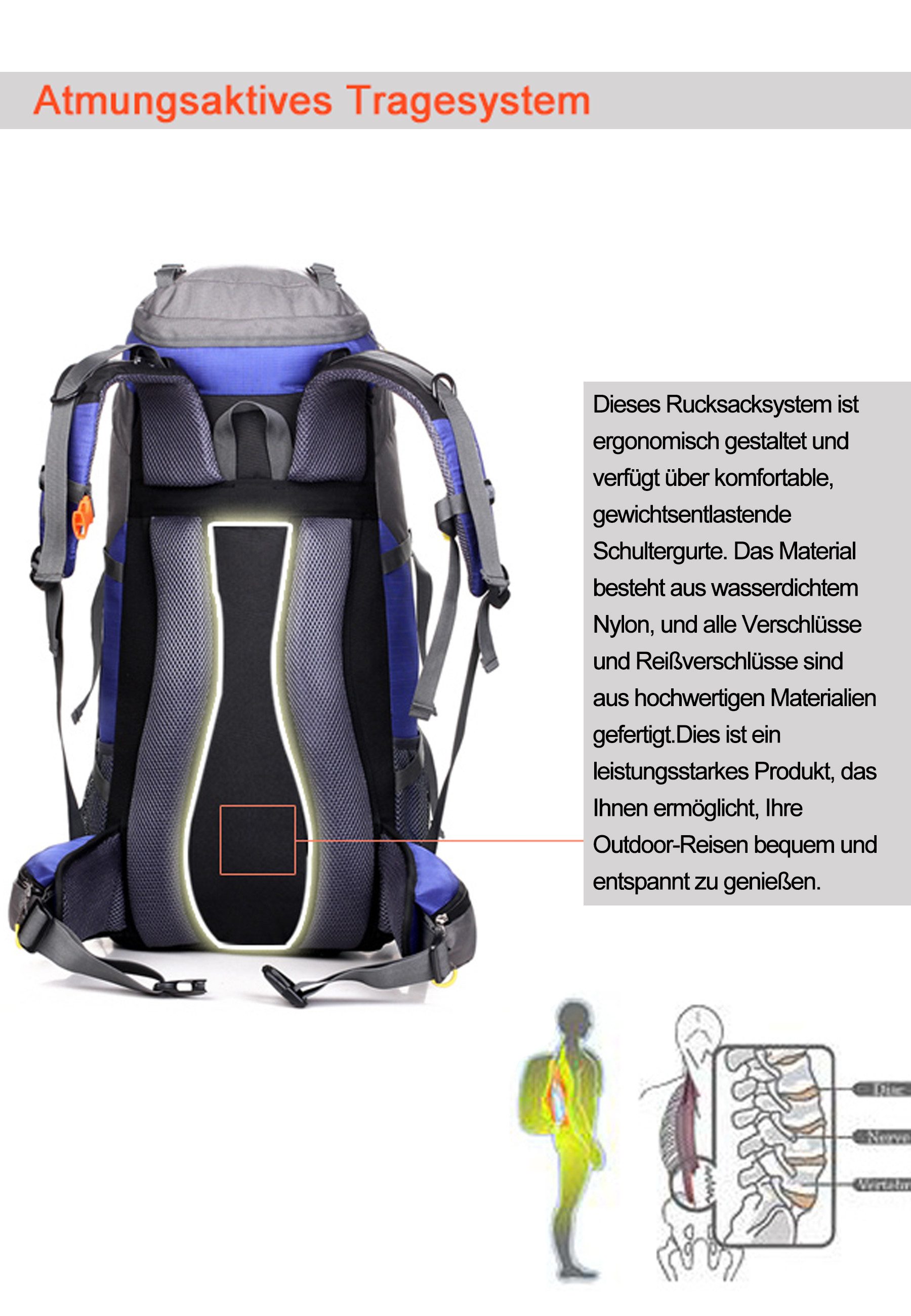 RAIKOU Wanderrucksack 50L Trekkingrucksack Wasserdicht, Reisetasche Ultralight (Regenhülle, Hüftgurt mit praktischen Taschen), Atmungsaktives Tragesystem