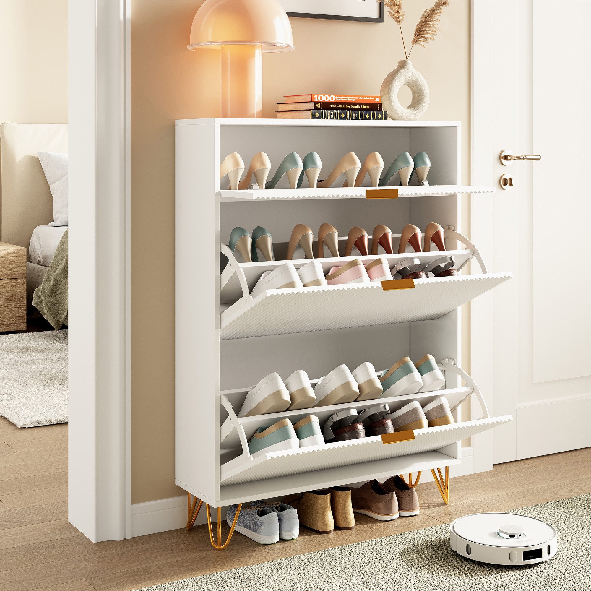 PXloue Schuhschrank Schuhregal Schuhkipper mit Kippsicherung (Schuhkommode im Flur Diele,Trennwand verstellbar, 118,5x24x80cm) Platzsparend, Für verschiedene Schuhtypen geeignet