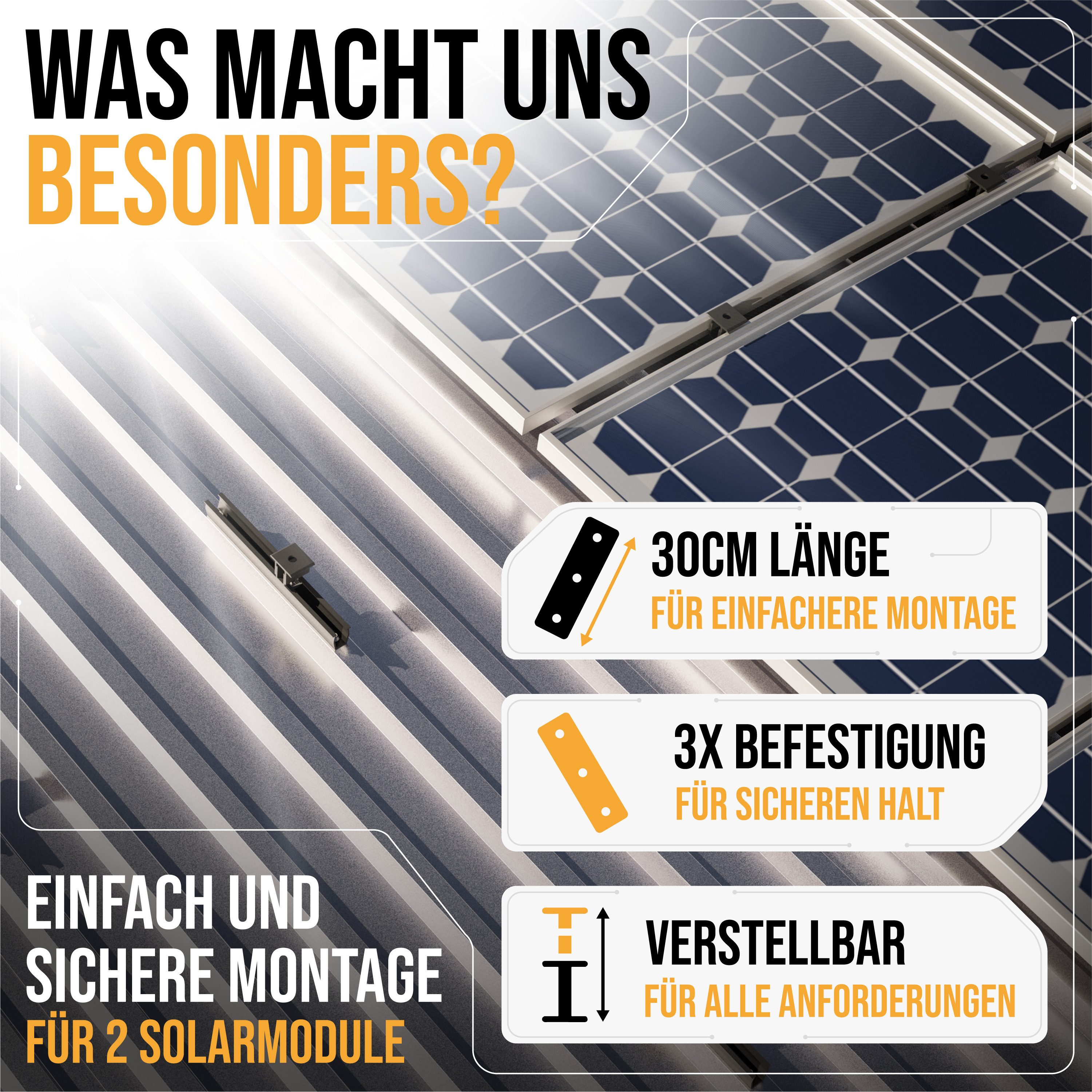 Lichtblicker Solarmodul-Halterung Schienen 30cm für 2x Photvoltaikmodule. Für Wand und Flachdach, (bis 90 Zoll, witterungsbeständiges Aluminium, hochwertige Edelstahlschrauben)