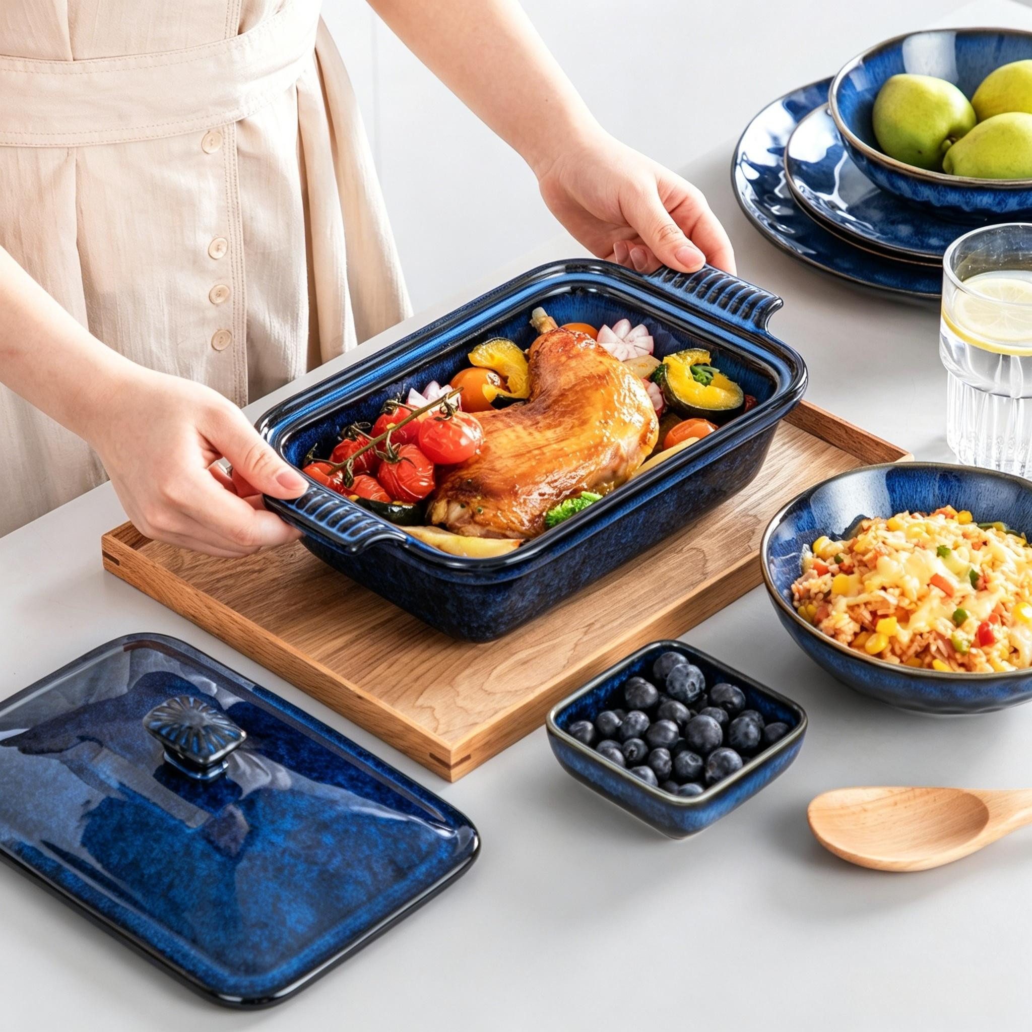 vancasso Backform 1-tlg Porzellan Backform Set mit Deckel, Ofenform, Auflaufform, Blau, (1-tlg)