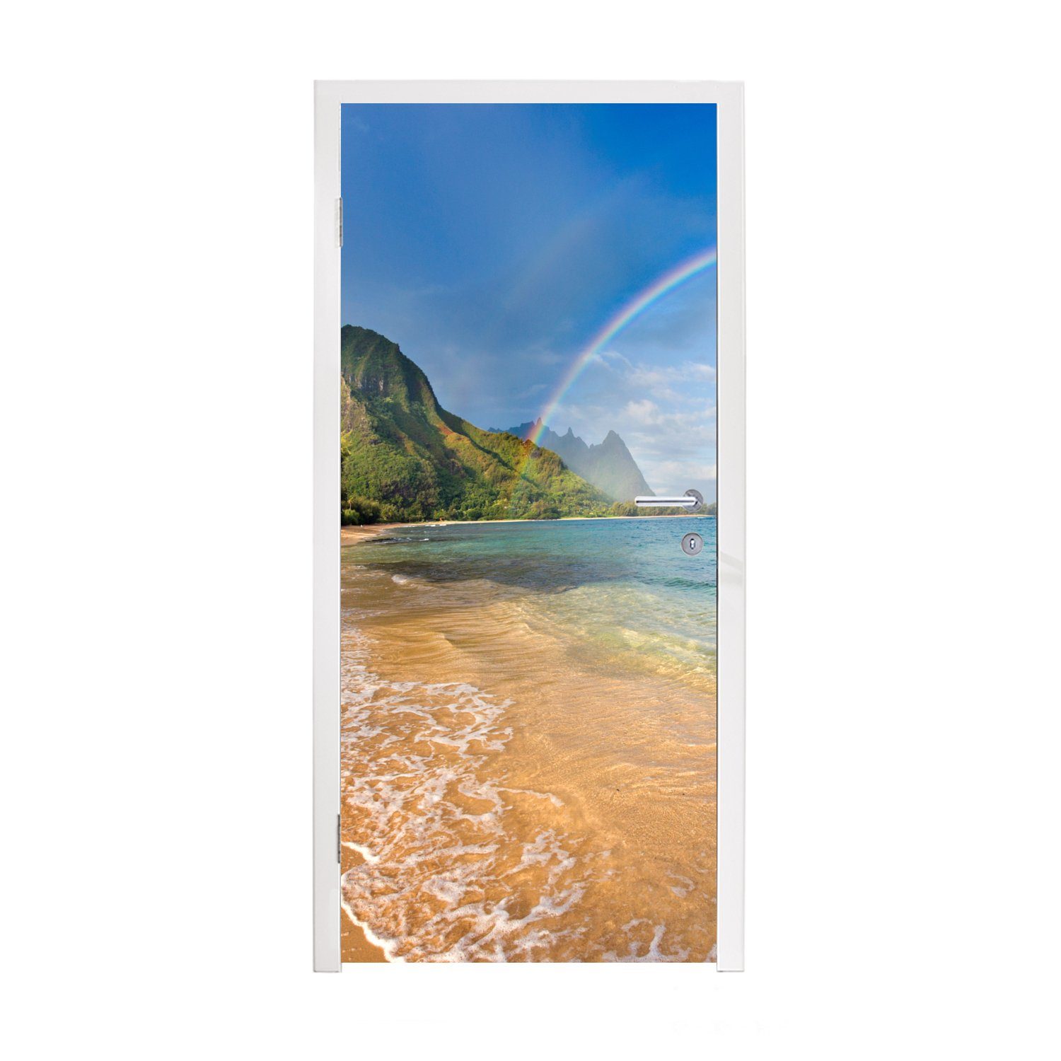 MuchoWow Türtapete Ein schöner Regenbogen am Tunnels Beach in Hawaii, Matt, bedruckt, (1 St), Fototapete für Tür, Türaufkleber, 75x205 cm