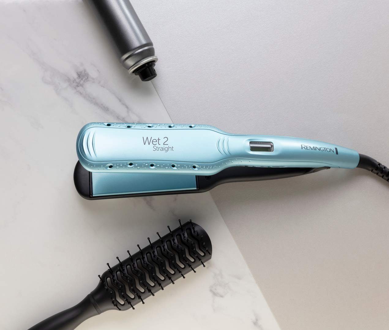 Remington Glätteisen 2-in-1 Haarglätter Wet2Straight Wide Plate S7350 Keramik-Beschichtung, 2-in-1 Styling-Produkt zum Trocknen und Glätten der Haare blau