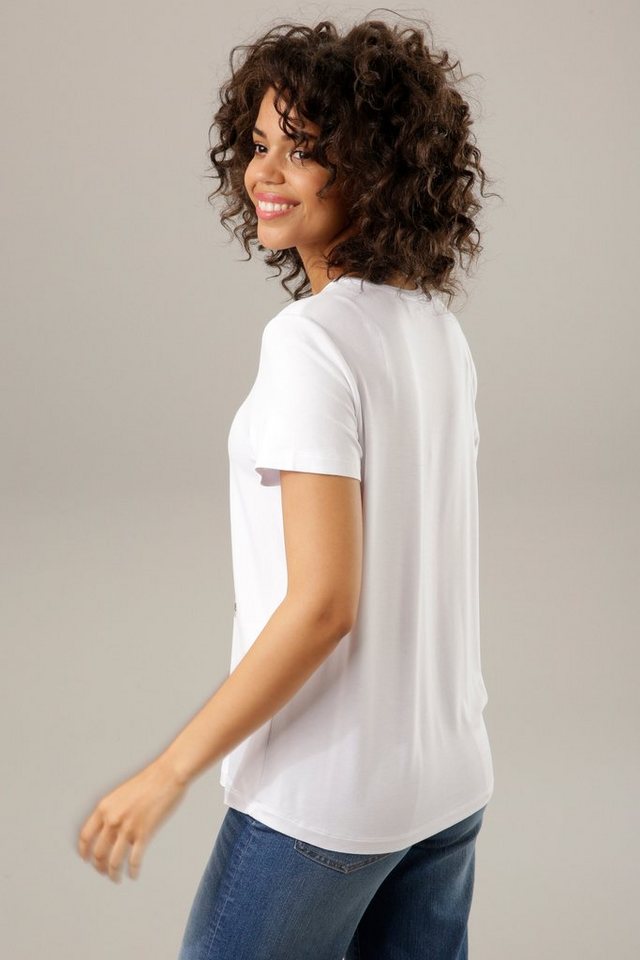 Glitzersteinchen Frontdruck, Damenshirt mit Aniston weicher, aus Viskose CASUAL T-Shirt verzierter elastischer