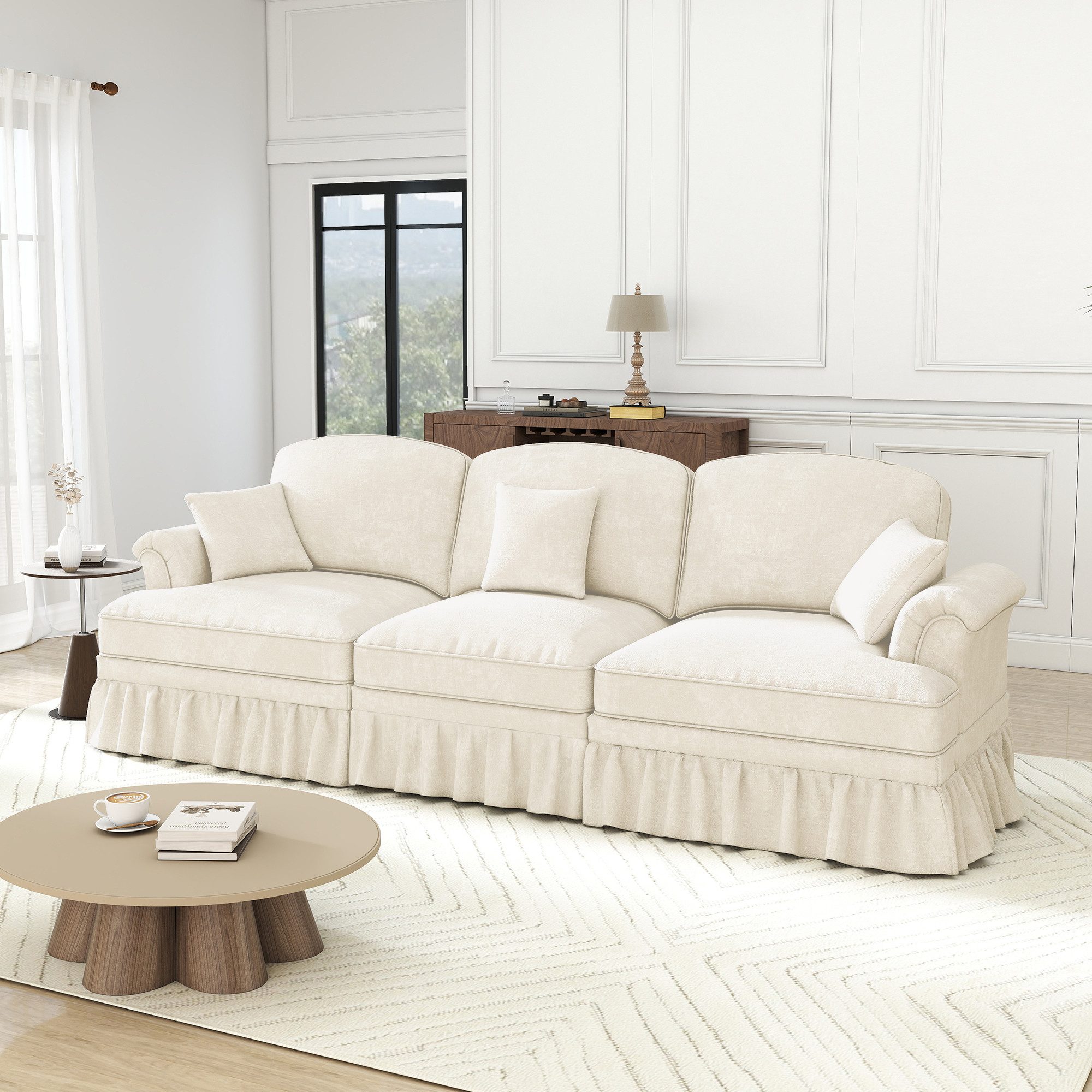 Odikalo Big-Sofa Ecksofa mit Schlaffunktion und Volant, Elegantes Mid-Century 2-3-4-5-Sitzer Sofa aus Chenille mit Trichter-Armlehnen, abnehmbarer Rüschenschürze & spindelförmigen Beinen – Komfortables Sofa fürs Wohnzimmer, Mehrfarbig