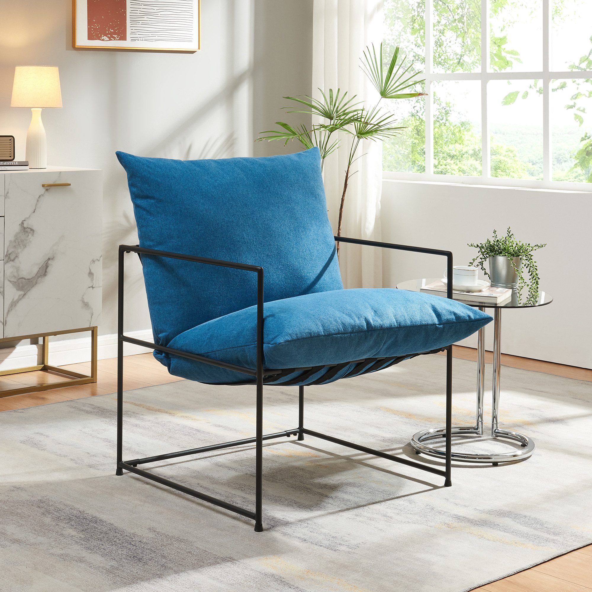 en.casa Loungesessel, »Utsjoki« 90x61x70 cm mit Polsterkissen Schwarz/Blau