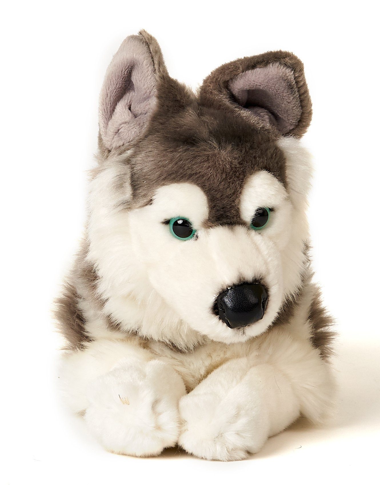 Uni-Toys Kuscheltier Husky grau, liegend - 43 cm (Länge) - Plüsch-Hund - Plüschtier, zu 100 % recyceltes Füllmaterial