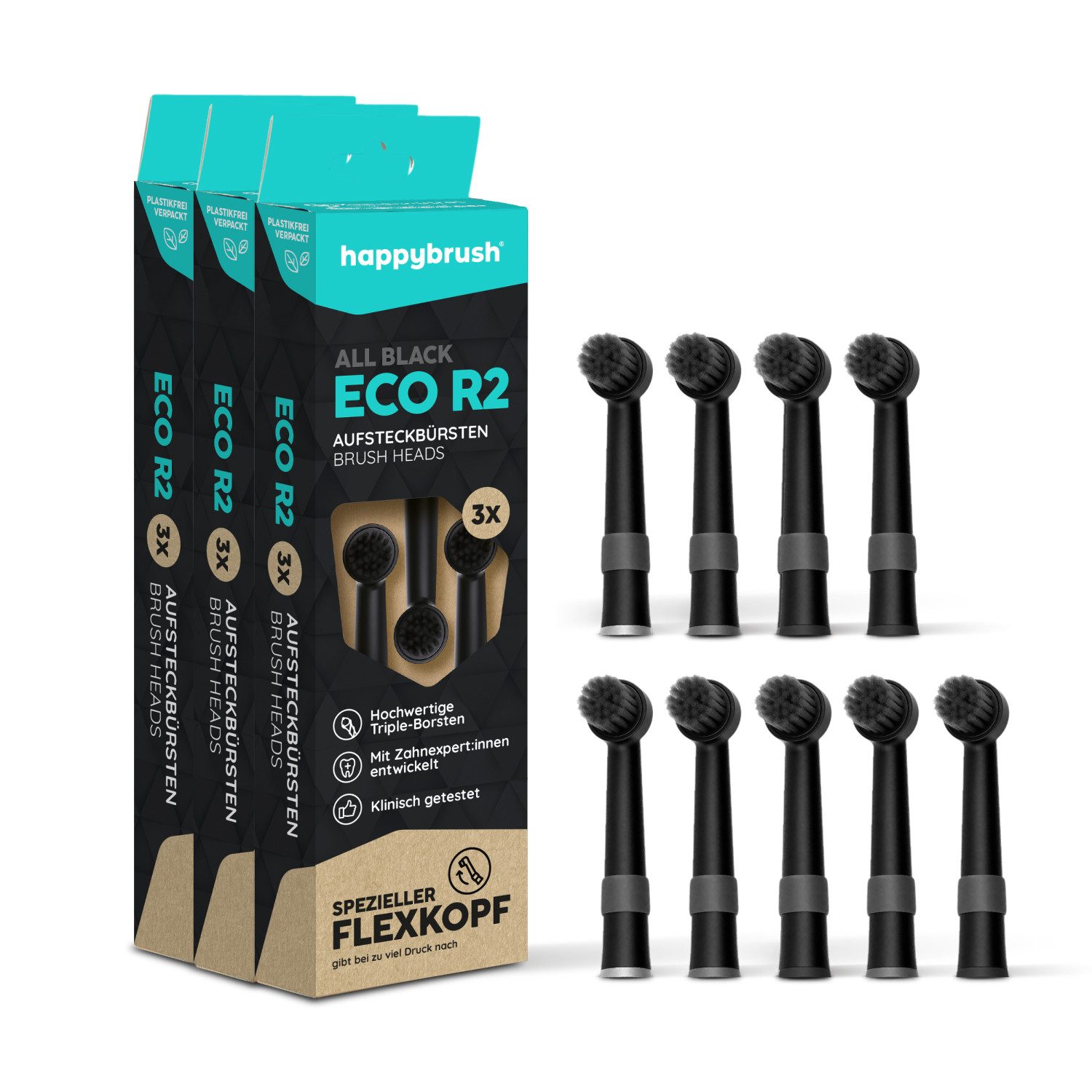 happybrush Aufsteckbürsten 3x3 R2 AllBlack, Spar-Set, für happbrush Eco R2, hochwertige Triple-Borsten, Wechselindikator