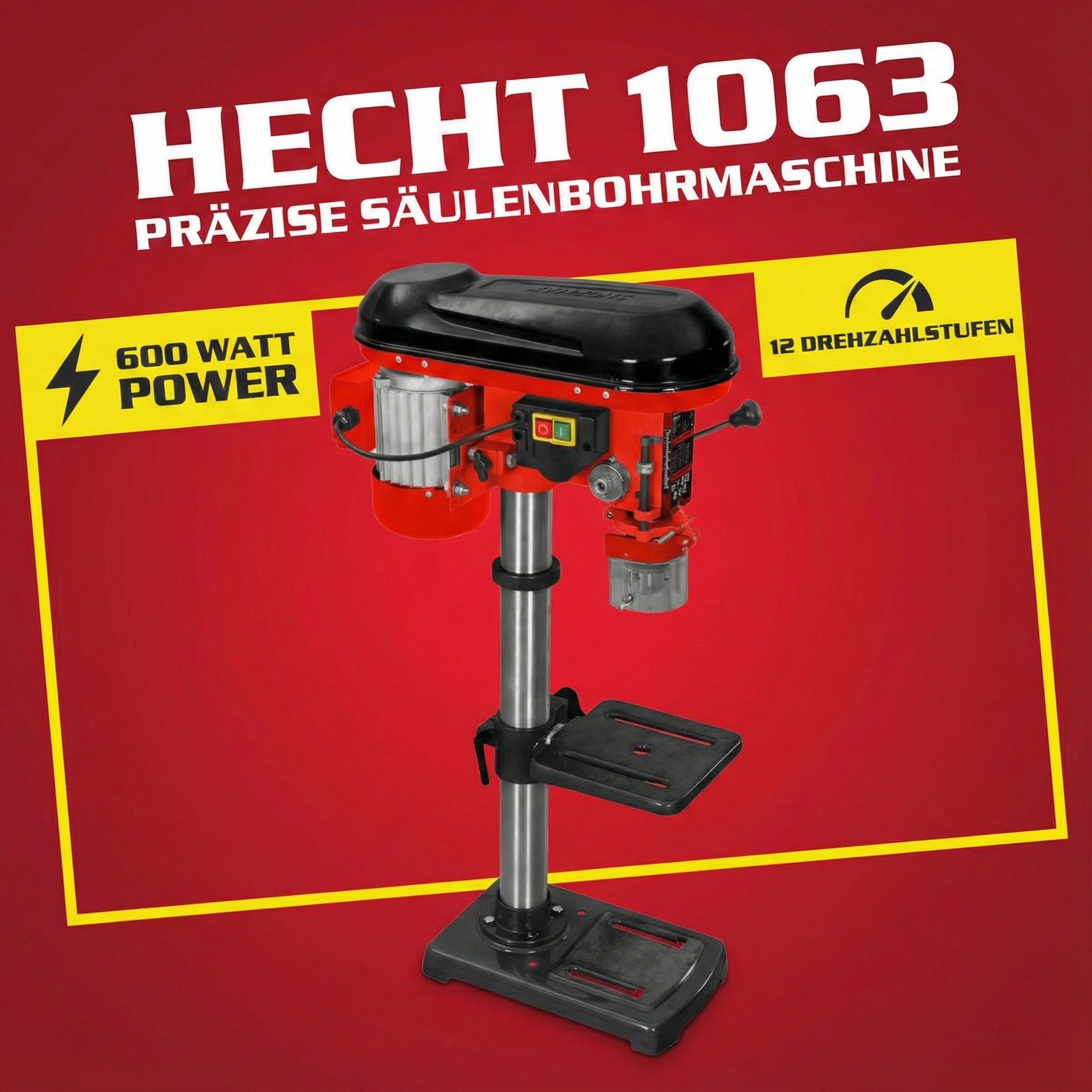 Hecht Tischbohrmaschine 1063 Profi-Modell Standbohrmaschine, 230 V, max. 2700 U/min, 60 mm Säulendurchmesser, 600 W