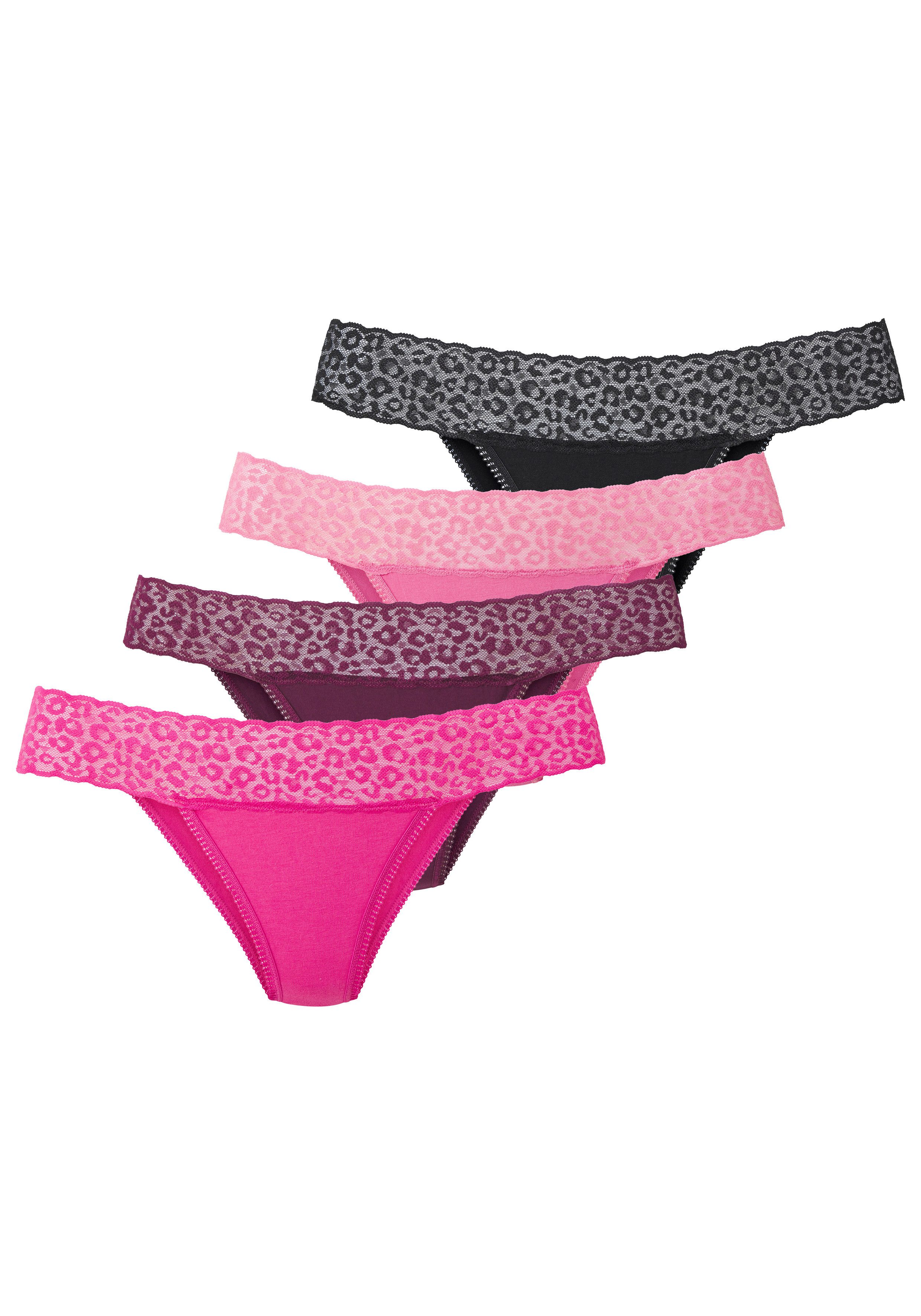 LASCANA Brasilslip (4er Pack) aus elastischer Baumwolle mit Leo-Spitze am Bund