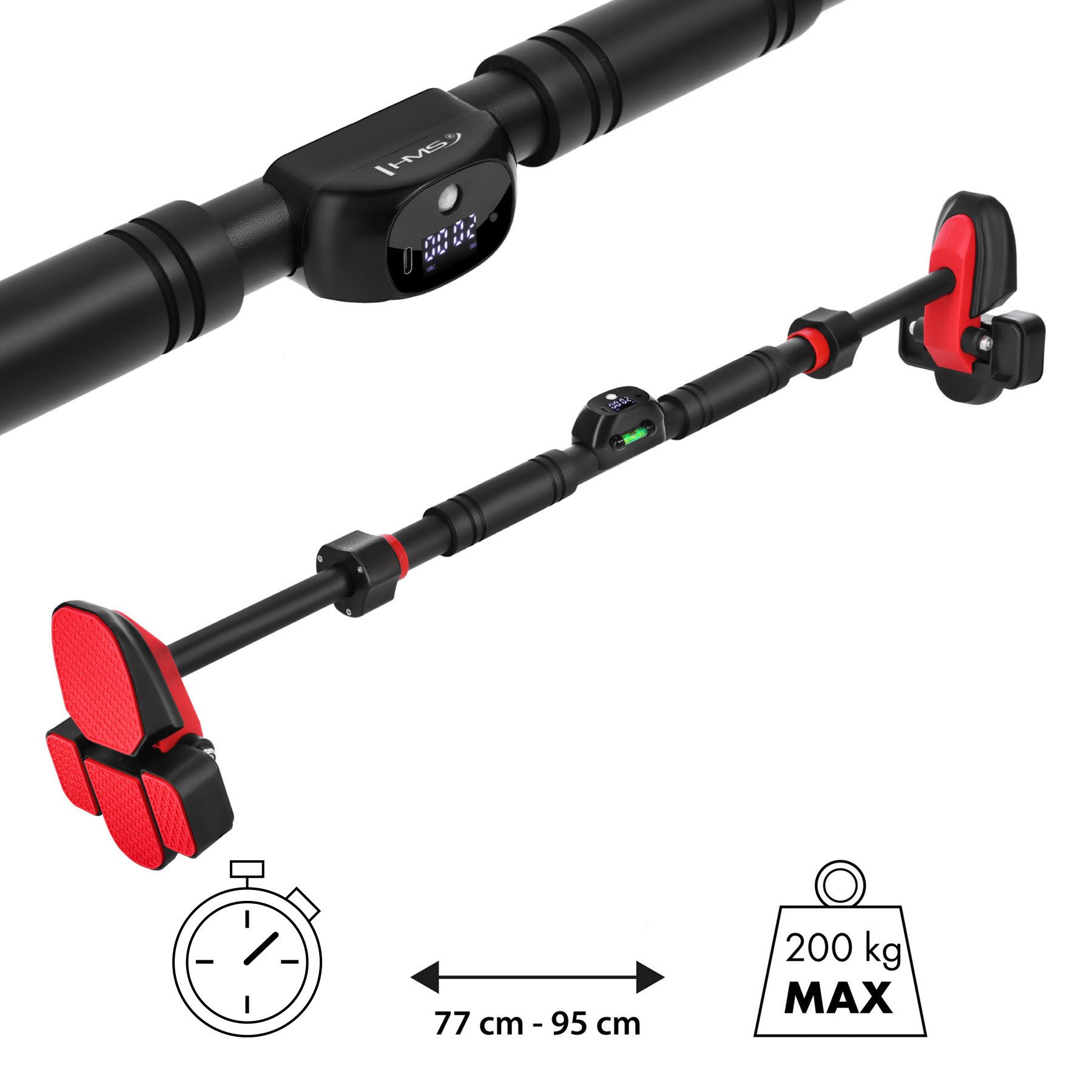 HMS Klimmzugstange Türreck Klimmzugtrainer Fitnessstange (Spar-Set, 1-tlg., 77–95 cm verstellbar), Wiederholungszähler, Vierfach-Stabilisierung