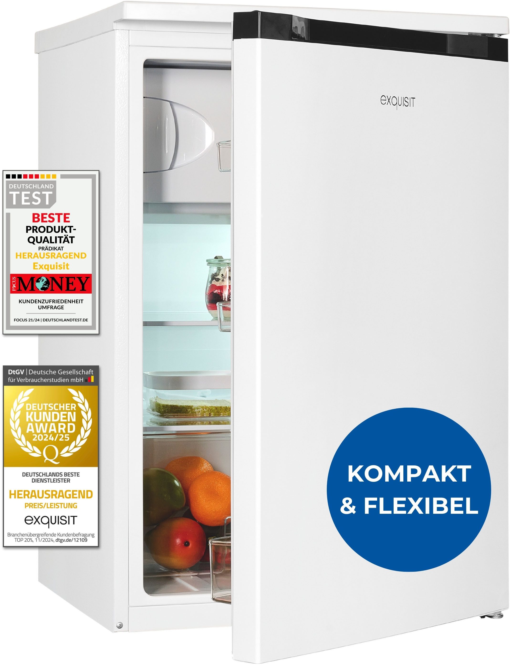 exquisit Kühlschrank KS15-4-051C weiss, 84,5 cm hoch, 54,9 cm breit, Flexibel & geräumig: 107 L Mini-Kühlschrank mit 4-Sterne Gefrierfach