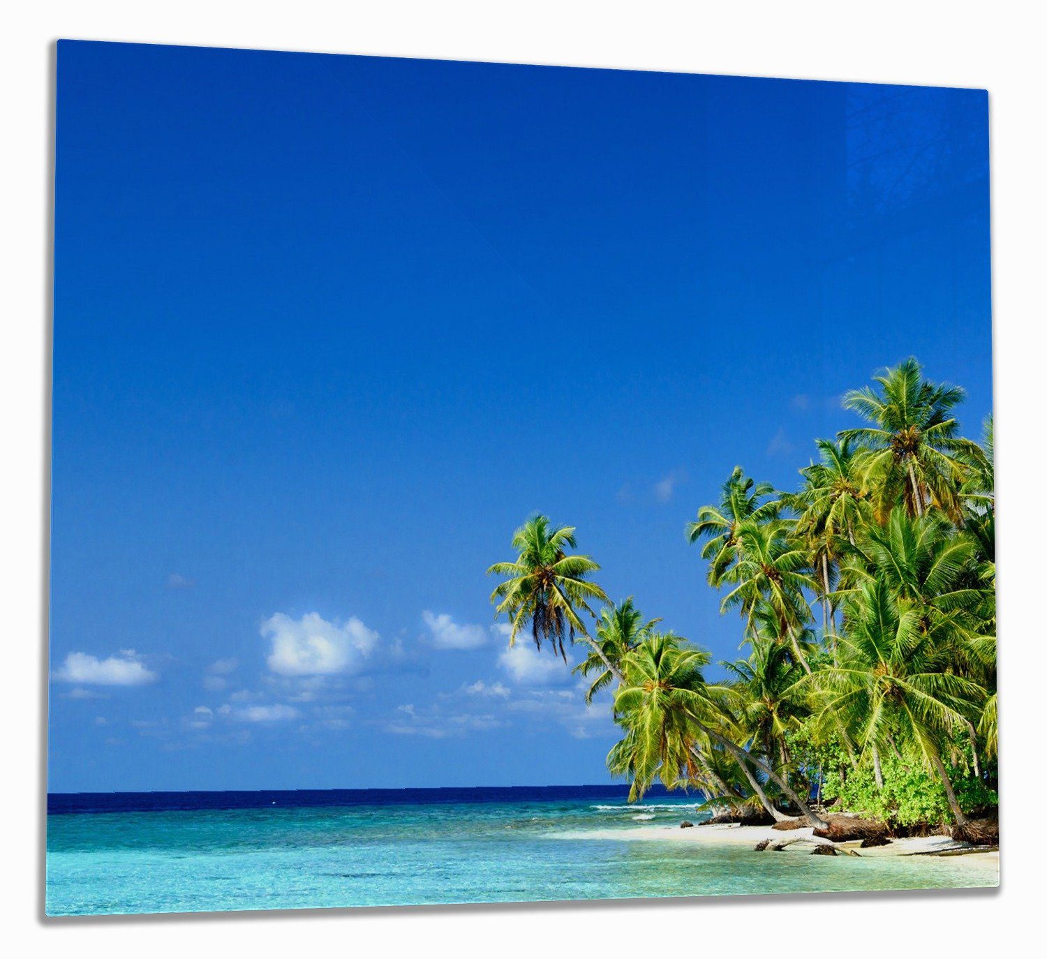 Wallario Herd-Abdeckplatte Blauer Himmel weißer Strand Palmen und das tiefblaue Meer, ESG-Sicherheitsglas, (Glasplatte, 1 tlg., inkl. 5mm Noppen), verschiedene Größen