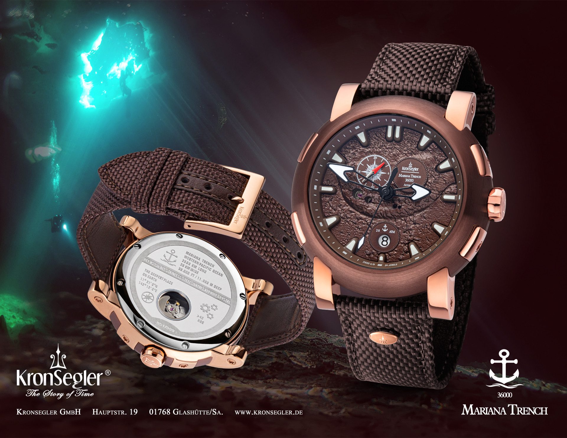 Kronsegler Automatikuhr Mariana Trench Herrenuhr 20 ATM wasserdicht, mit verschraubter Krone und Saphirglas
