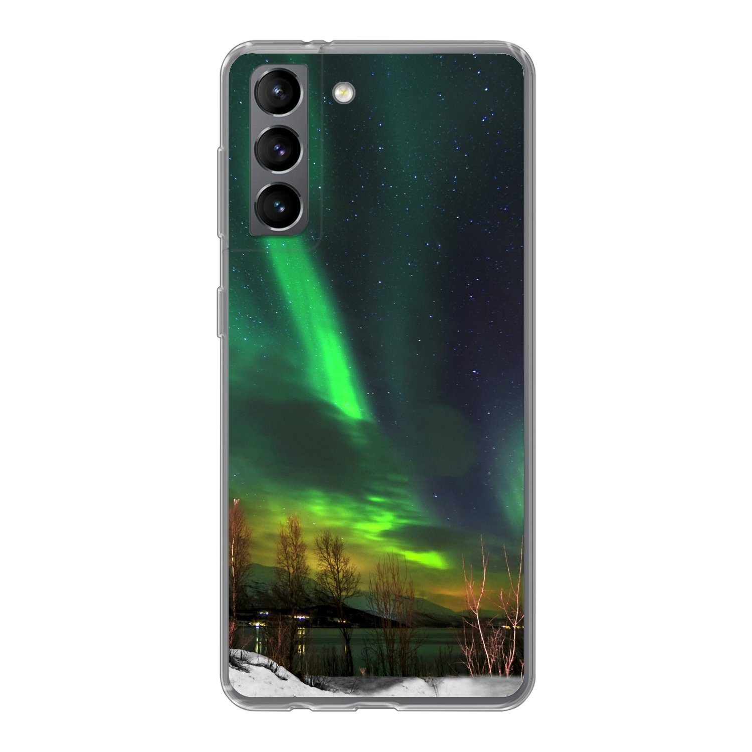 MuchoWow Handyhülle Nordlichter - Leuchtturm - Norwegen, Phone Case, Handyhülle Samsung Galaxy S21, Silikon, Schutzhülle